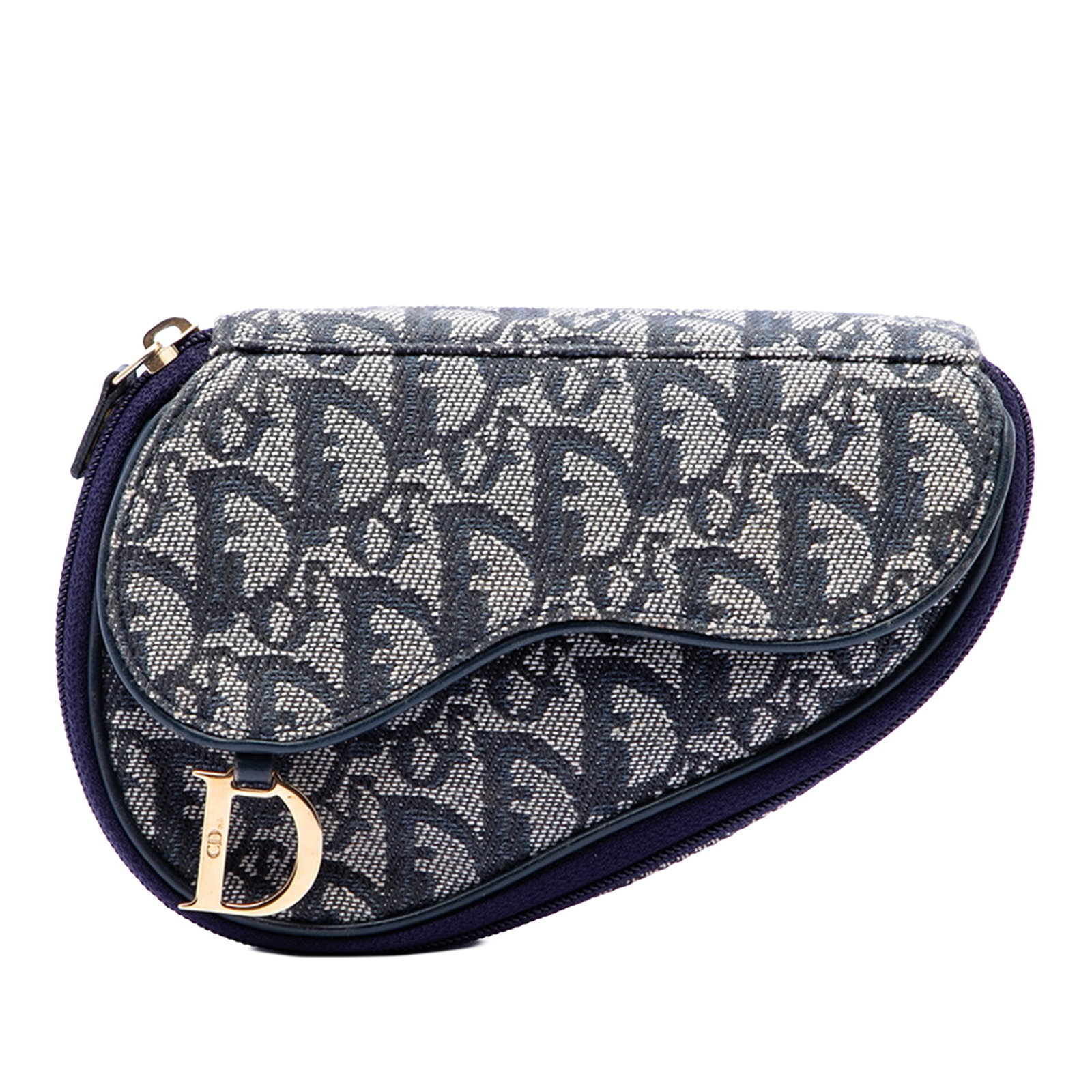 Blue Diorissimo Canvas Pouch with Leather Trim: Blue Diorissimo Canvas Pouch with Leather Trim This Diorissimo Canvas Saddle Pouch features a blue canvas body with leather trim, a front flap adorned with gold-tone D hardware, and a zip-around closu
