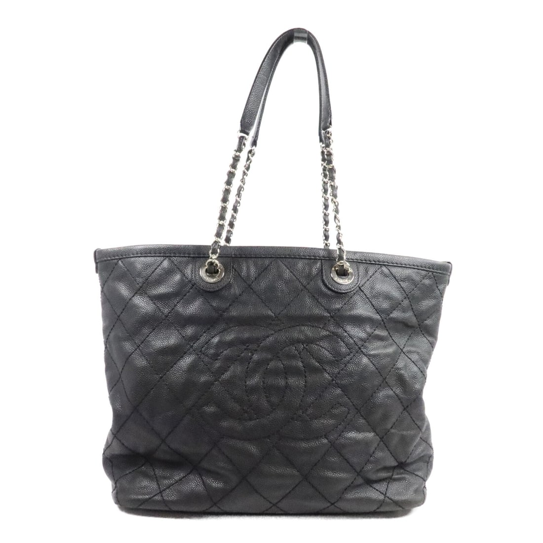 Chanel Grand Shopping Tote Black Calfskin Leather CC SHW: Chanel Grand Shopping Tote Black Calfskin Leather CC SHW CHANEL Grand Shopping Tote Bag in black calfskin leather with CC hardware and silver-tone hardware. It features dual top handles, an open inter