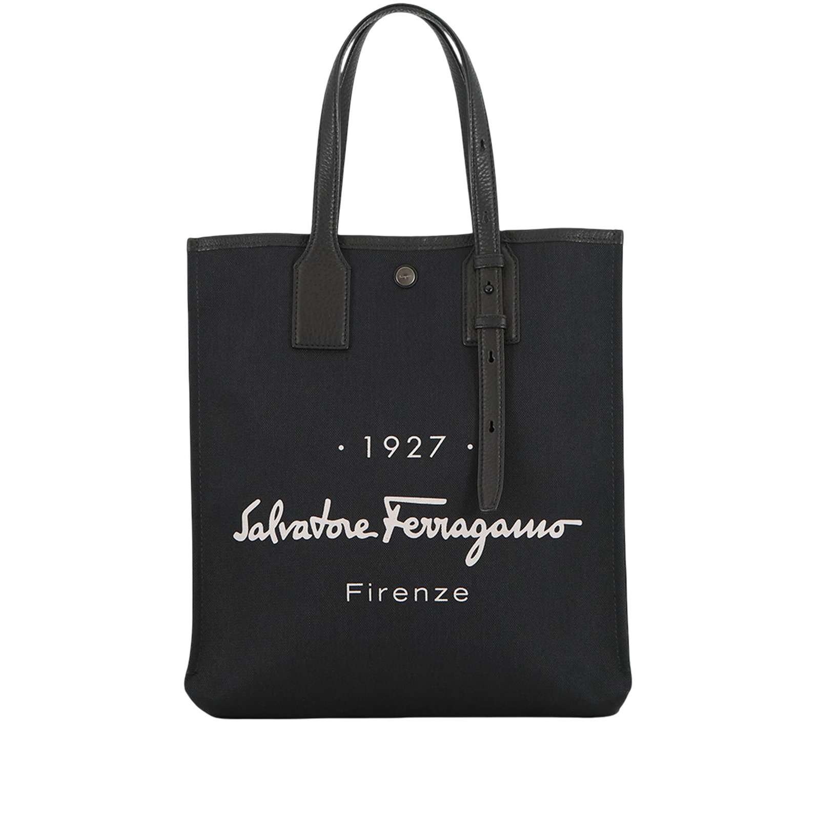 Ferragamo 1927 Signature Canvas Tote Bag Black: Ferragamo 1927 Signature Canvas Tote Bag Black Ferragamo Canvas 1927 Signature Tote in black, made in Italy. This tote bag features a canvas body, adjustable flat leather handles, an open top with sna