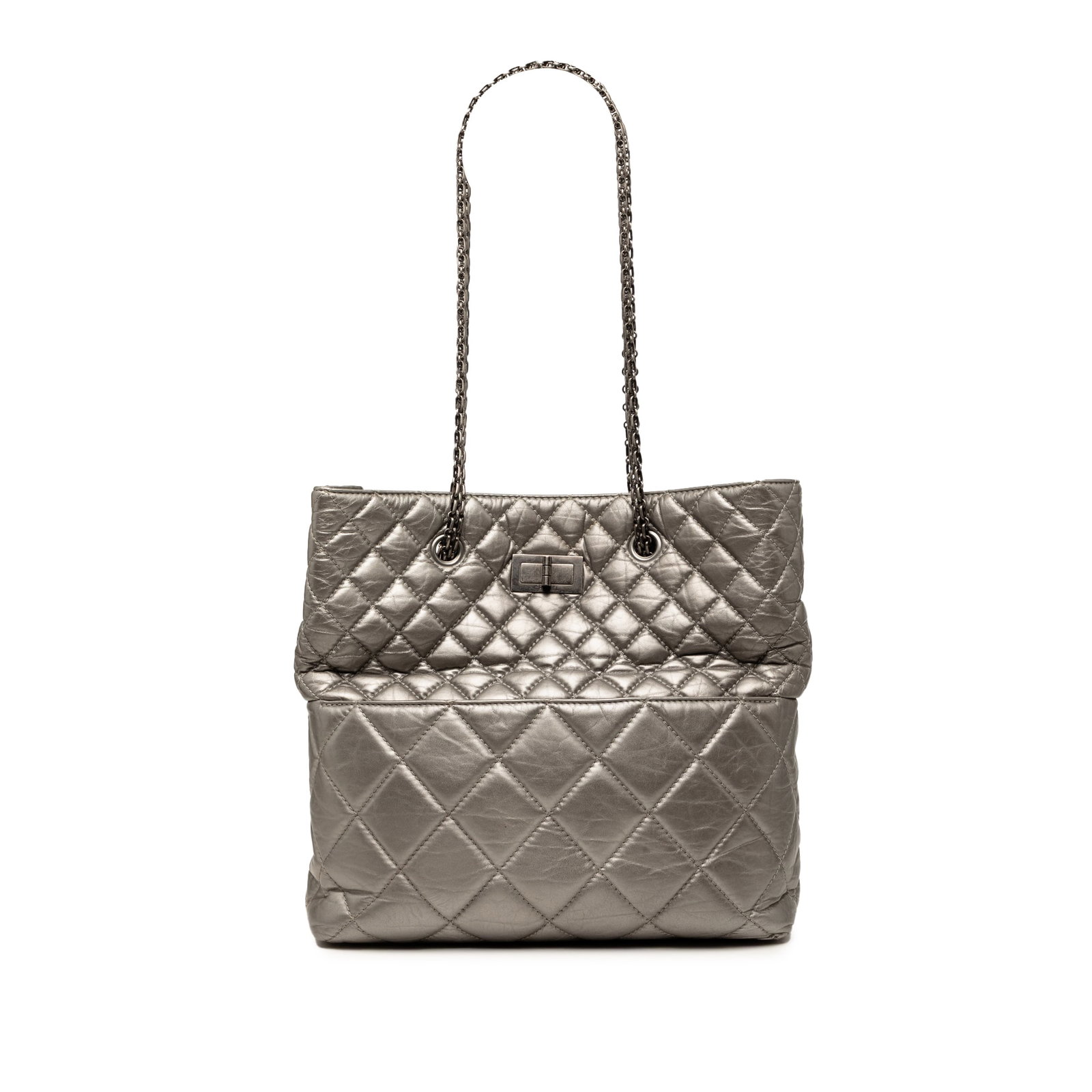 Chanel Reissue 2.55 Metallic Quilted Calfskin Tote Bag Gray: Chanel Reissue 2.55 Metallic Quilted Calfskin Tote Bag Gray A Chanel Reissue 2.55 tote bag in gray metallic aged calfskin leather. It features chain link straps, an open top with magnetic snap closure