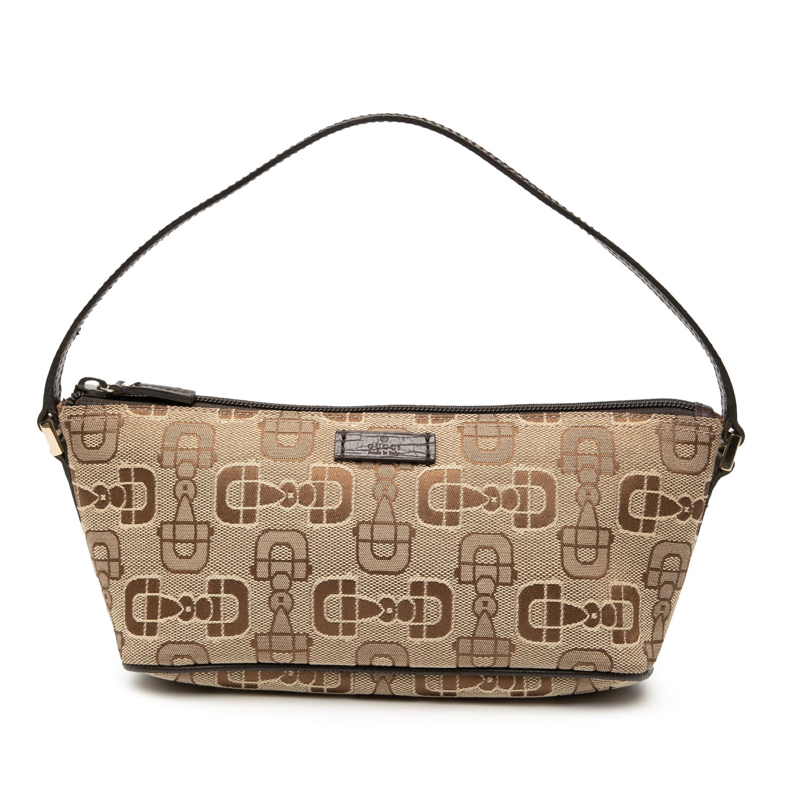 Gucci Horsebit Boat Shoulder Bag Printed Canvas and Leather Trim: Gucci Horsebit Boat Shoulder Bag Printed Canvas and Leather Trim This Gucci Printed Canvas Horsebit Boat shoulder bag features a beige canvas body with leather trim, a flat leather strap, and a top zi