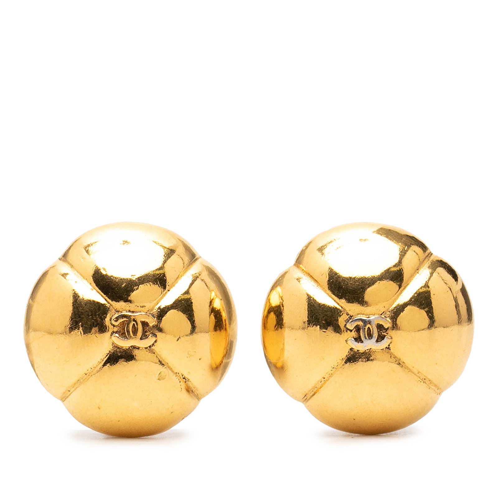 Chanel Camelia CC Dome Clip On Earrings Gold Tone Metal: Chanel Camelia CC Dome Clip On Earrings Gold Tone Metal Clip-on earrings with a camelia dome design and CC motif in gold tone metal. This costume jewelry piece is made in France and shows wear consist