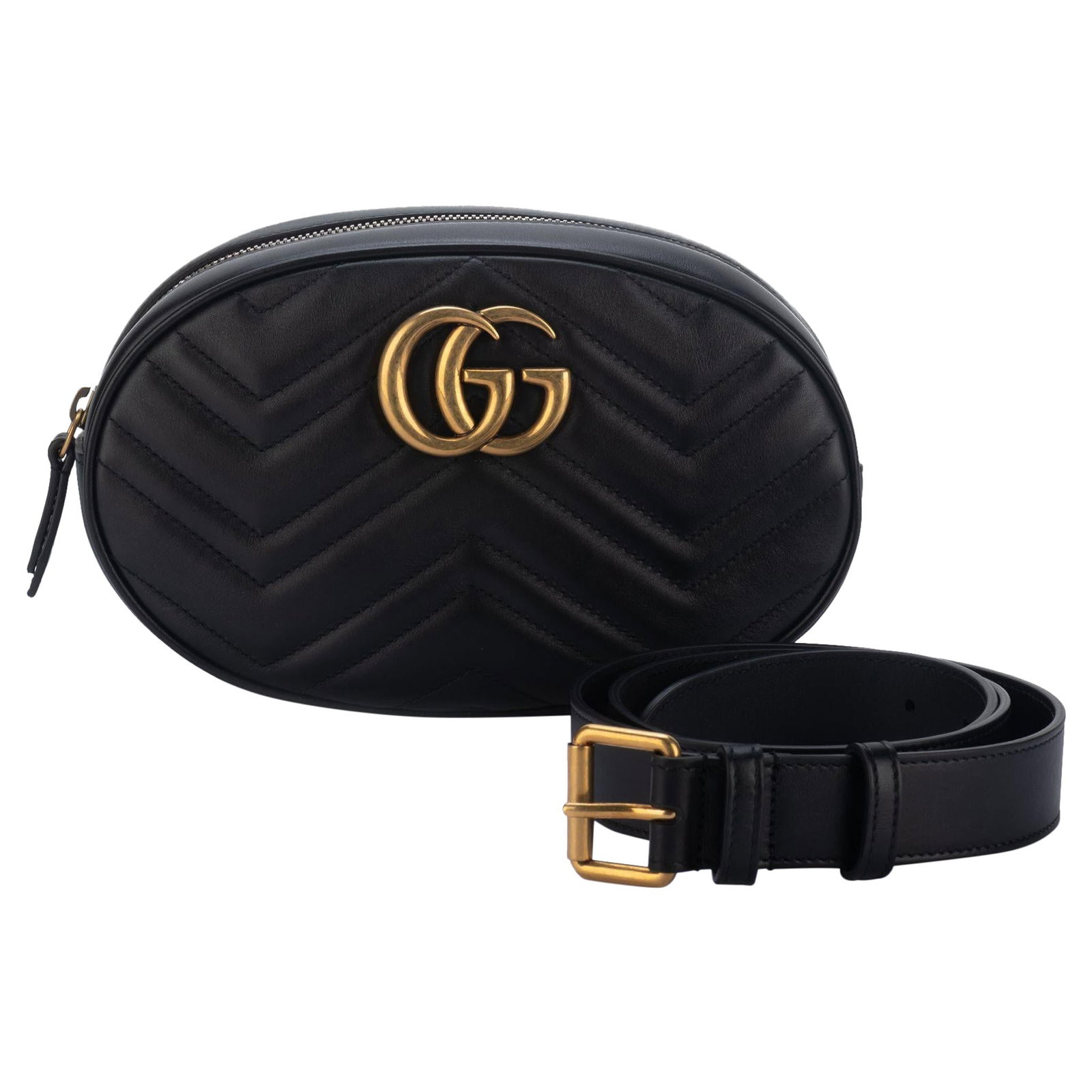 Gucci Black Gold Marmont Fanny Pack with Dust Cover: Gucci Black Gold Marmont Fanny Pack with Dust Cover Introducing the Gucci Marmont Fanny Pack, a stylish accessory crafted from luxurious black lambskin. This designer piece features elegant gold tone 