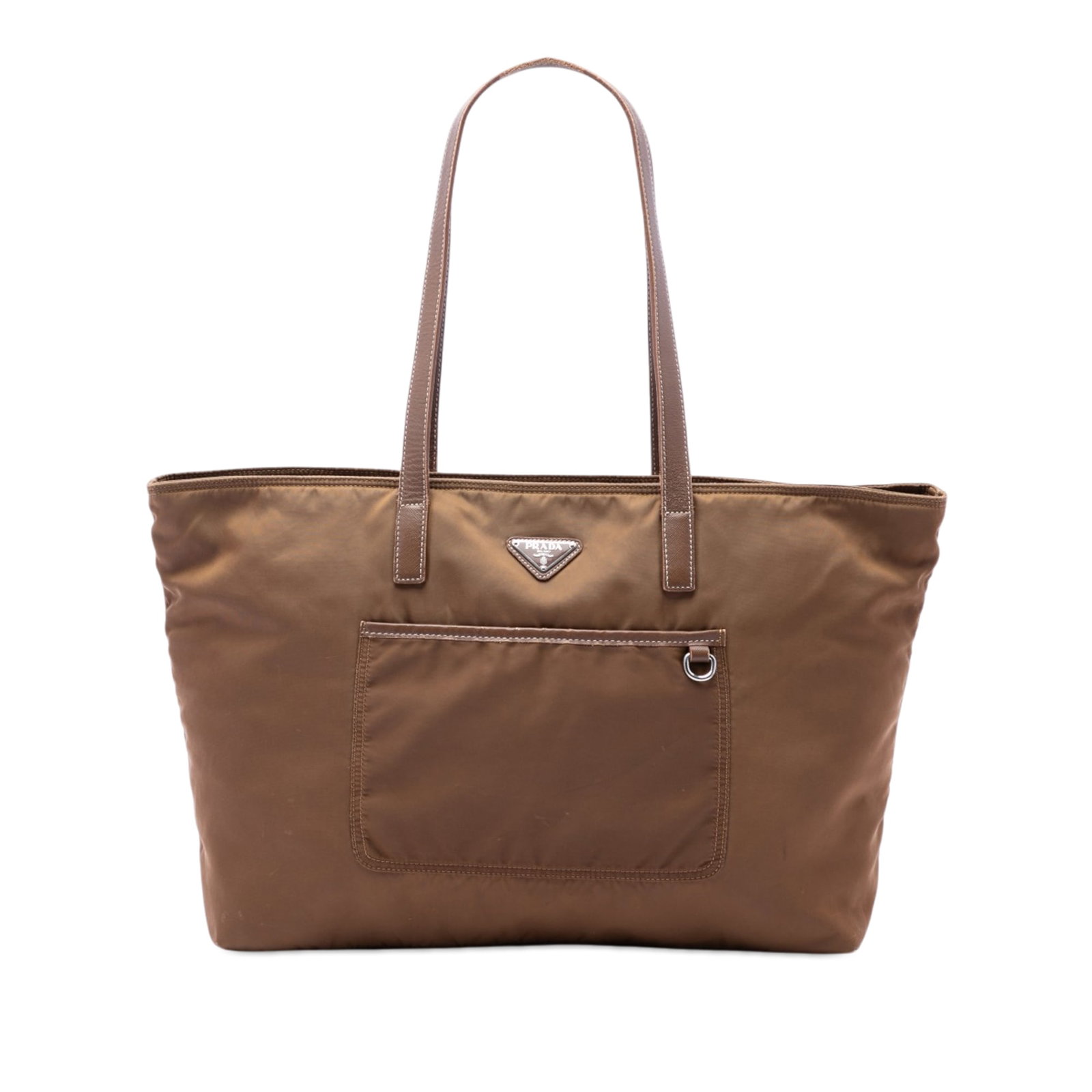 Prada nylon tote with leather trim and front pocket: Prada nylon tote with leather trim and front pocket This Prada Tessuto Pocket Tote is a brown shoulder bag crafted from durable nylon with leather trim. It features flat leather straps, an open top fo