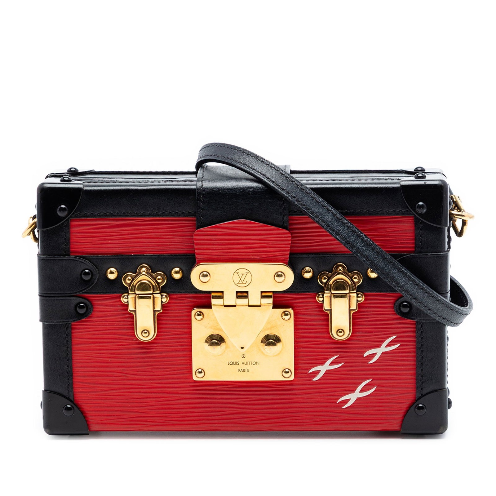 Louis Vuitton Epi leather Petit Malle red shoulder bag: Louis Vuitton Epi leather Petit Malle red shoulder bag This Louis Vuitton Epi Petit Malle bag features a distinctive epi leather body in red, complemented by a flat leather shoulder strap, push-lock c