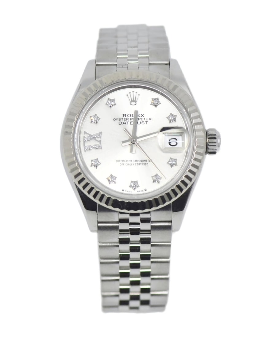 Rolex Datejust 28mm Diamond Marker Automatic Ladies Watch 279174: Rolex Datejust 28mm Diamond Marker Automatic Ladies Watch 279174 This Rolex Datejust 28 is a sophisticated women's wristwatch featuring a 28mm polished stainless steel case with a diamond fluted bezel