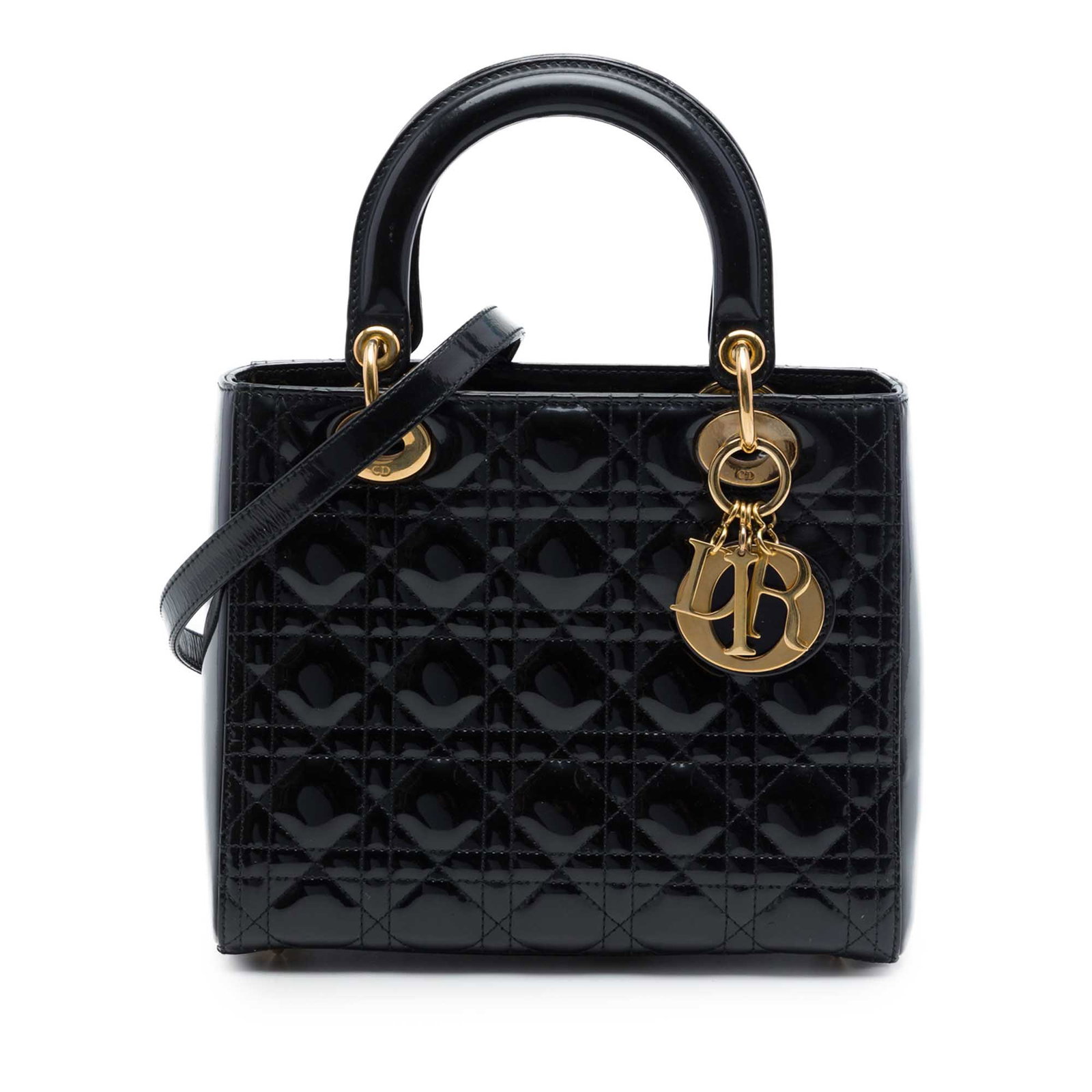 Dior Lady Dior Medium Cannage Patent Leather Handbag Black: Dior Lady Dior Medium Cannage Patent Leather Handbag Black This Medium Patent Cannage Lady Dior bag features a quilted patent leather body in black, with flat leather top handles, a detachable flat le