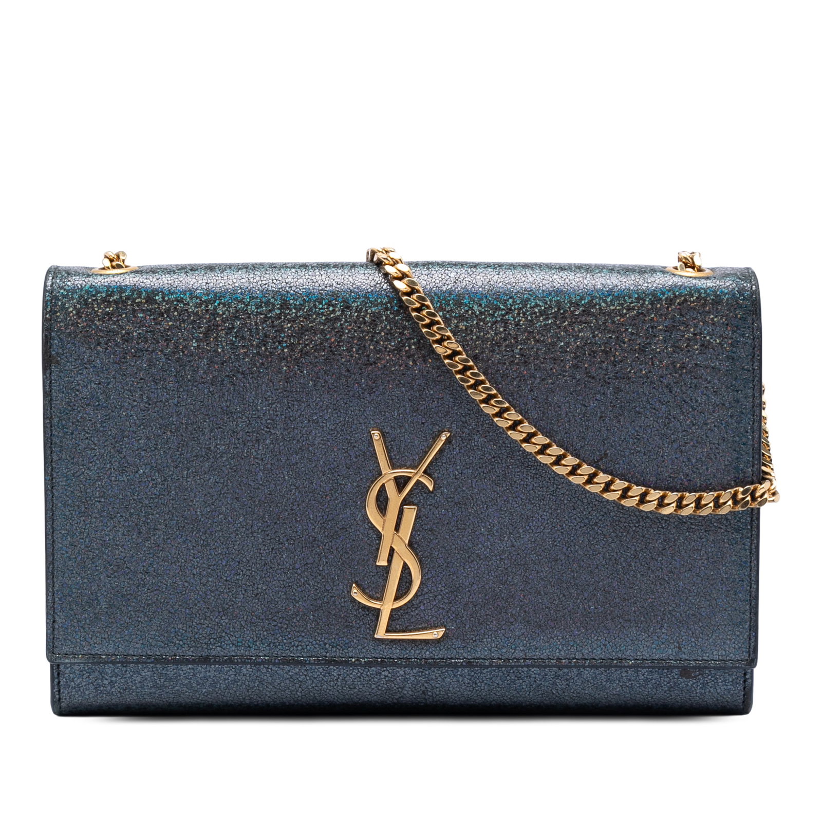 Saint Laurent Kate Medium Blue Glitter Leather Crossbody Bag: Saint Laurent Kate Medium Blue Glitter Leather Crossbody Bag Saint Laurent Medium Glitter Leather Monogram Kate Crossbody in blue leather, made in Italy. The bag features a glittered leather body, a g