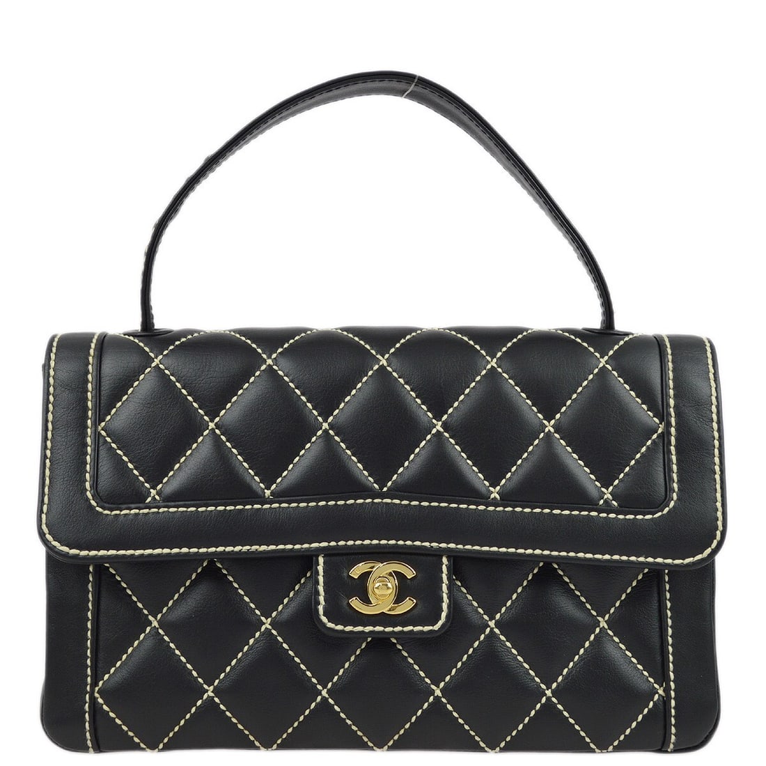 CHANEL Wild Stitch Calfskin Top Handle Bag in Black: CHANEL Wild Stitch Calfskin Top Handle Bag in Black Chanel Wild Stitch top handle handbag in black calfskin with a turn-lock closure and black hardware. This medium handbag features an exterior pocket