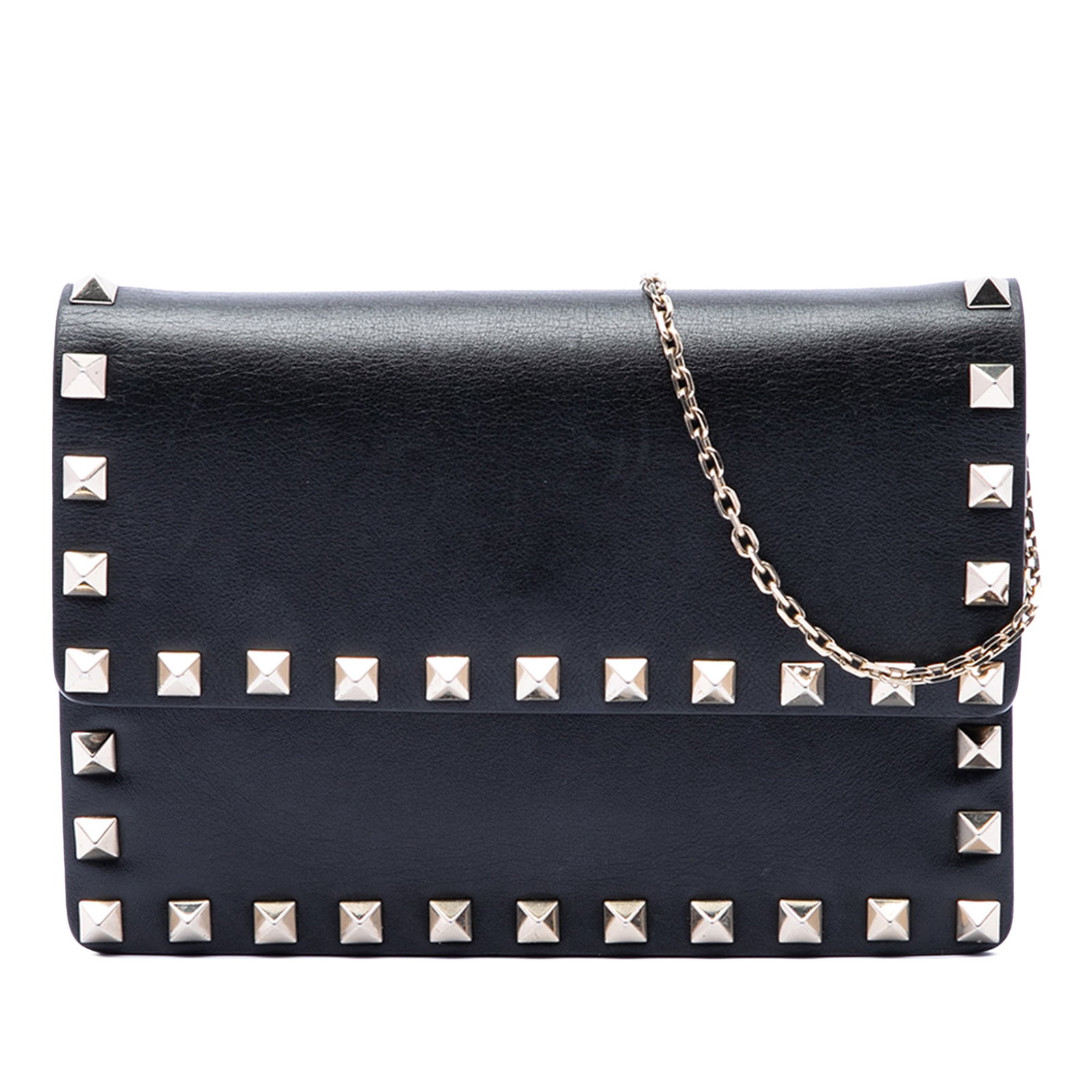 Valentino black leather rockstud crossbody chain clutch: Valentino black leather rockstud crossbody chain clutch This Valentino Leather Rockstud Clutch on Chain is crafted from black leather and features signature stud detailing. The design includes a chain