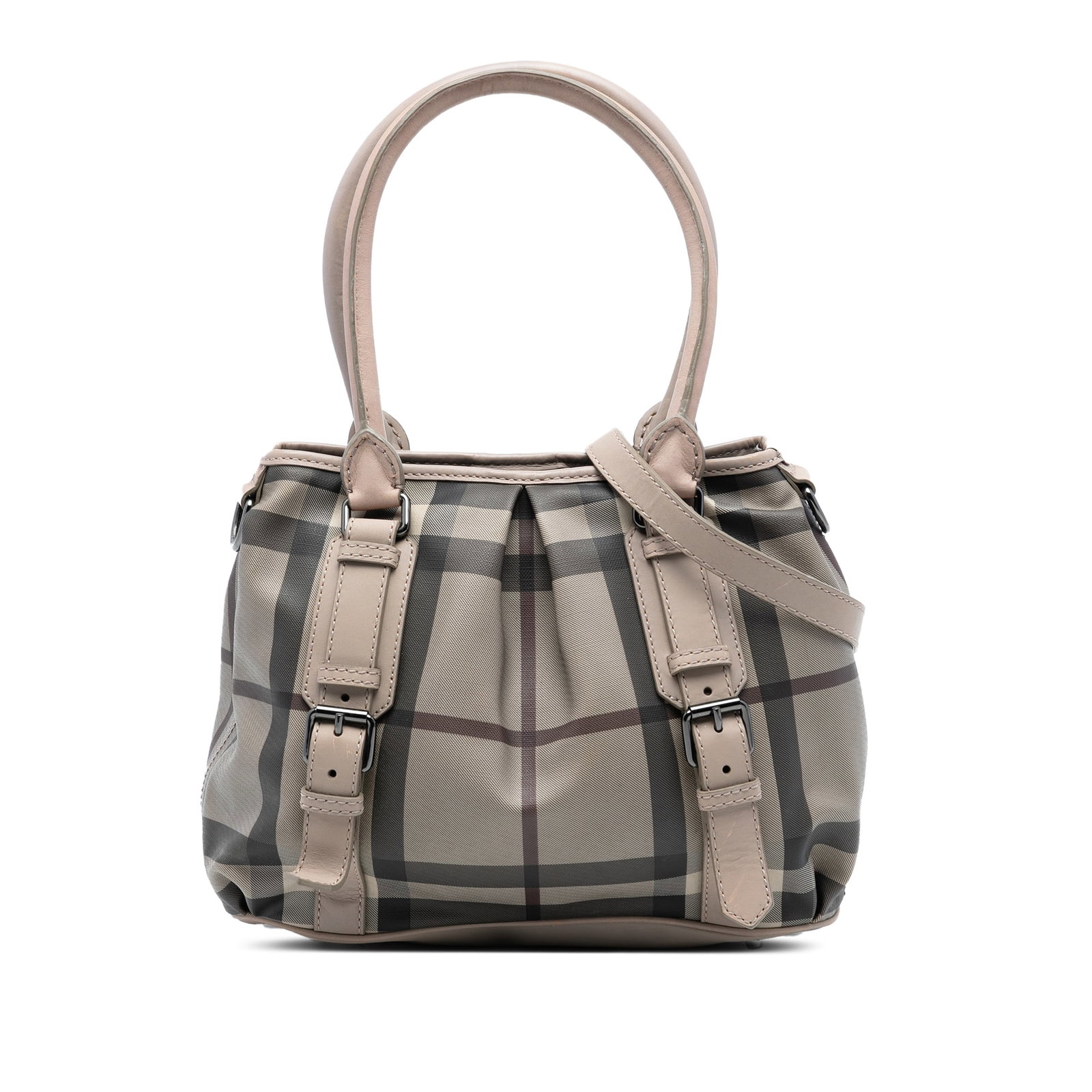 Burberry Northfield Small Plaid Coated Canvas Satchel with Leather Trim: Burberry Northfield Small Plaid Coated Canvas Satchel with Leather Trim This Burberry Northfield satchel features the iconic plaid coated canvas body accented with leather trim and buckle details. It 