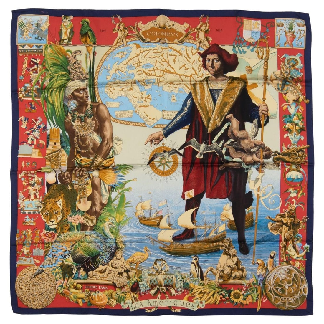 Hermes Silk Red Columbus Motif Scarf by Kermit Oliver (1 of 7)