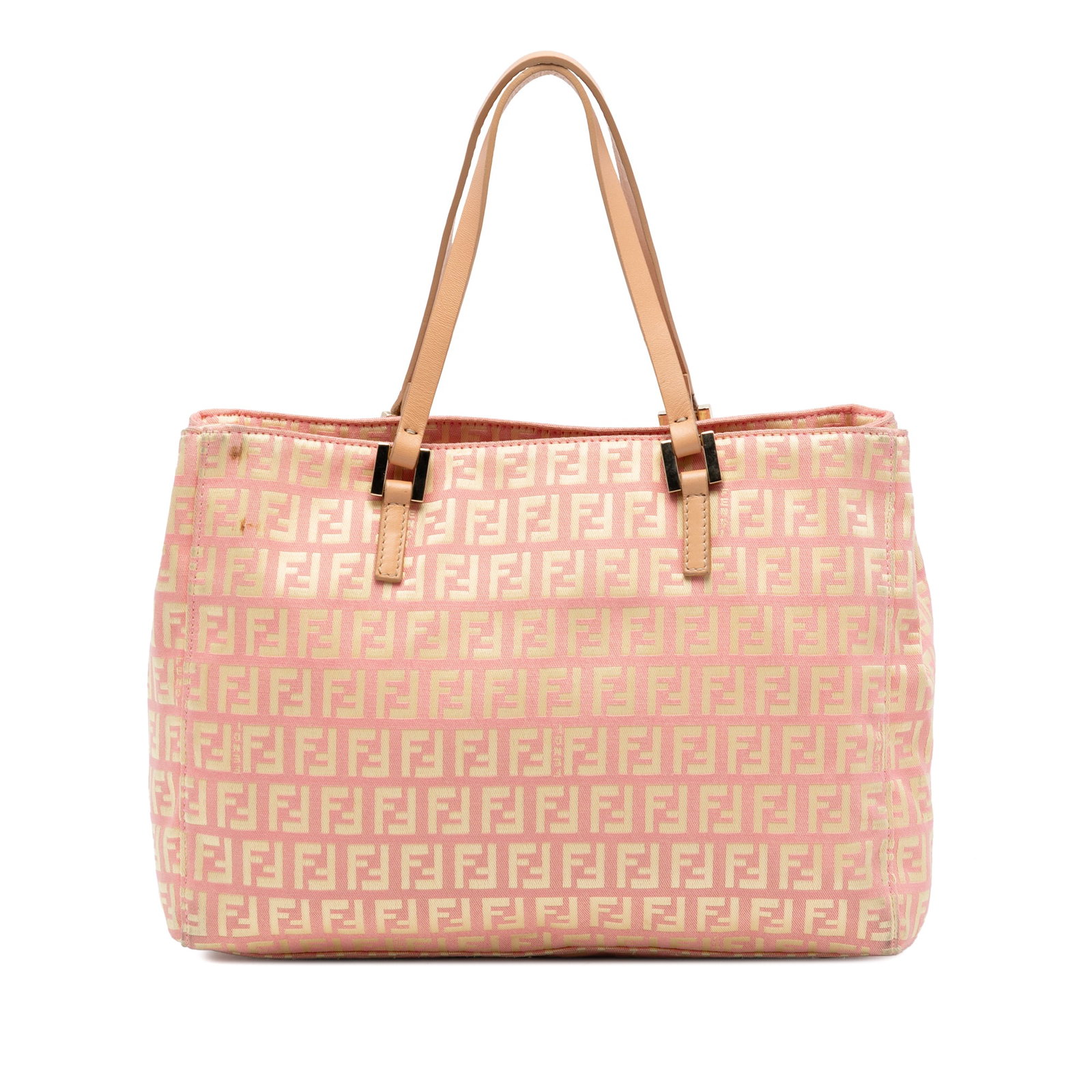 Fendi Zucchino pink canvas tote bag: Fendi Zucchino pink canvas tote bag This Fendi Zucchino Canvas Tote features a pink canvas body with flat leather handles, an open top, and both zip and slip compartments inside. The bag is crafted in
