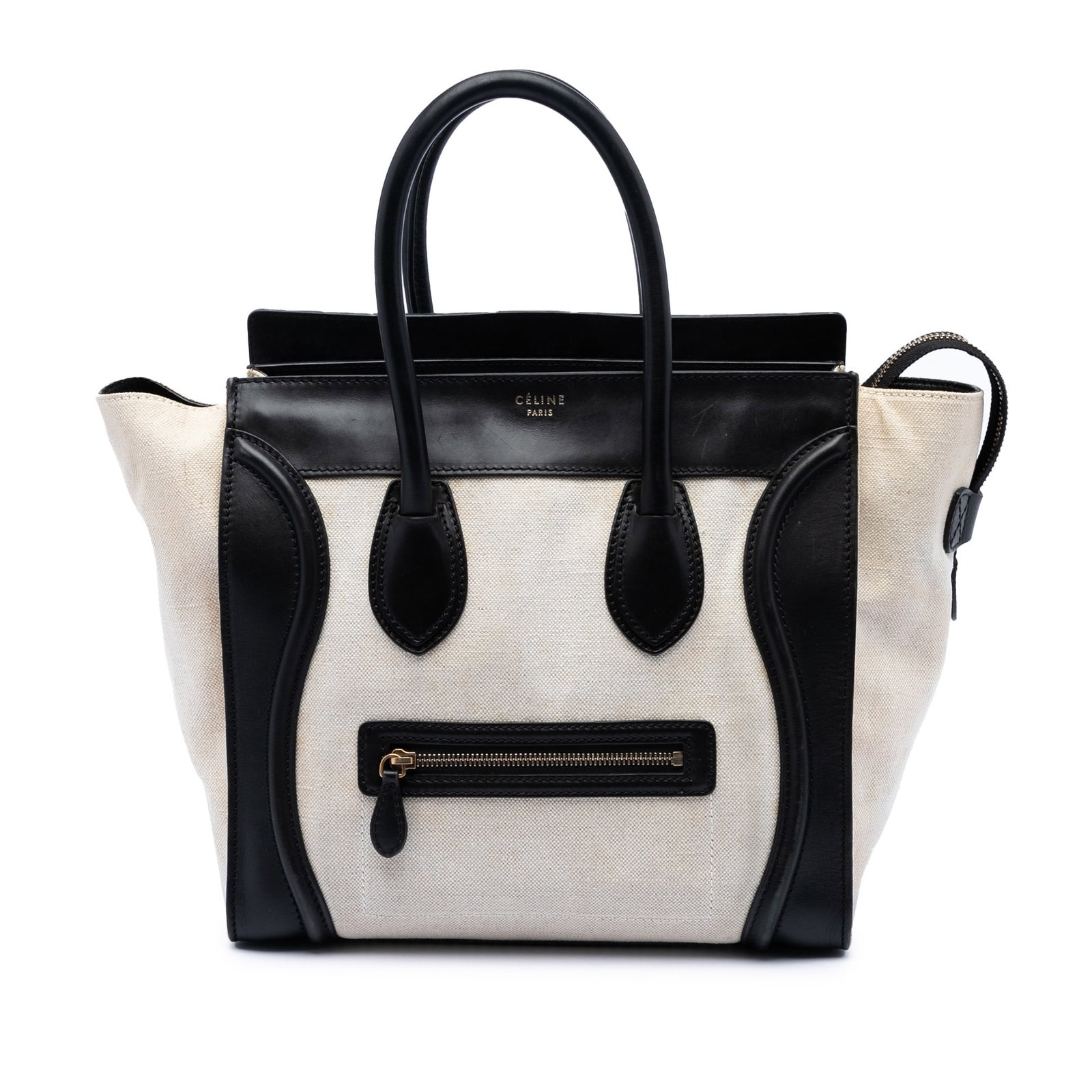 Celine Mini Bicolor Luggage Tote Canvas Leather Brown: Celine Mini Bicolor Luggage Tote Canvas Leather Brown This Celine Mini Bicolor Luggage Tote features a canvas body with leather trim, rolled leather top handles, and a detachable flat leather shoulder