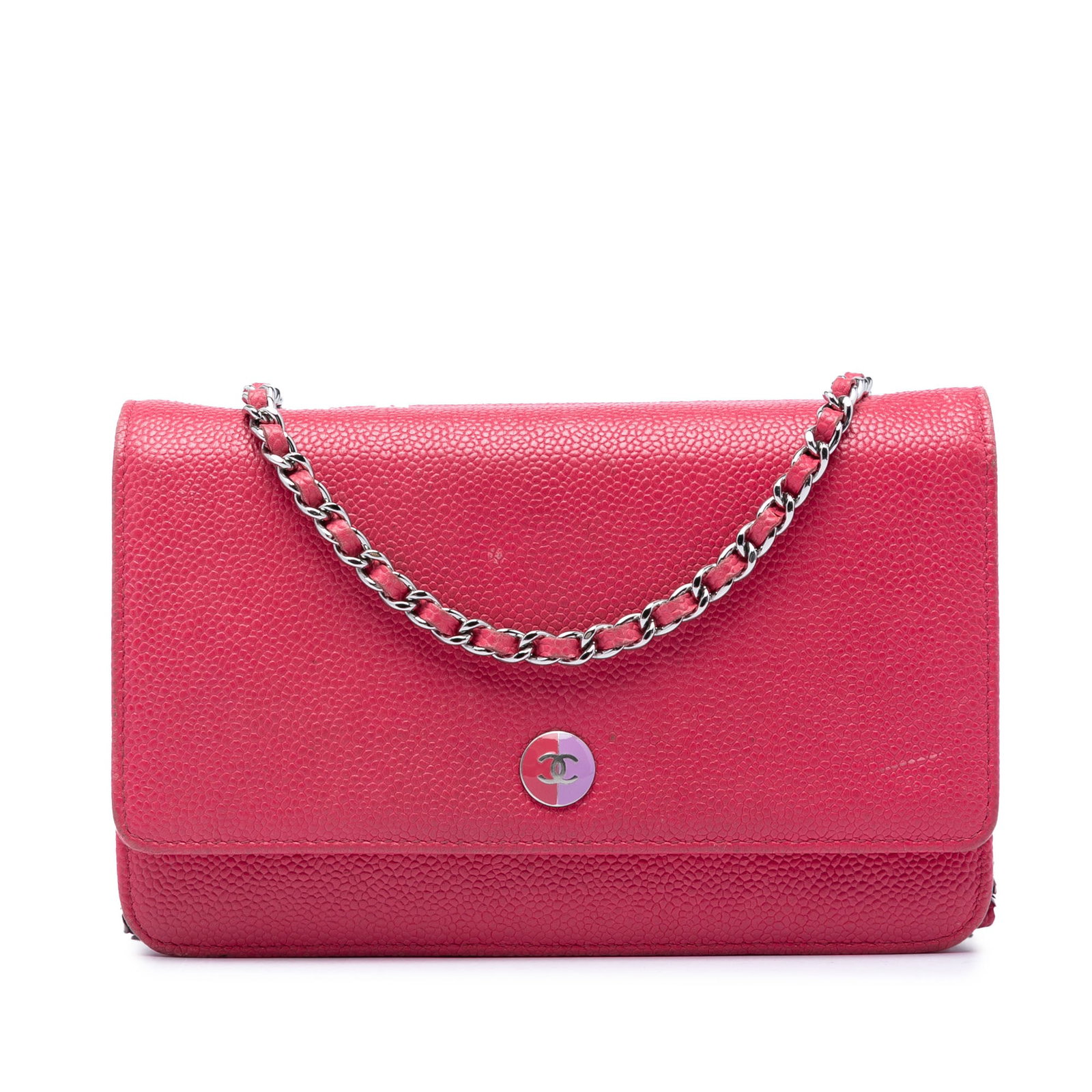 Chanel Wallet On Chain in Pink Caviar Leather with Bicolor CC: Chanel Wallet On Chain in Pink Caviar Leather with Bicolor CC Chanel Caviar Bicolor CC Wallet On Chain crossbody bag in pink leather with a caviar leather body and a leather woven chain shoulder strap