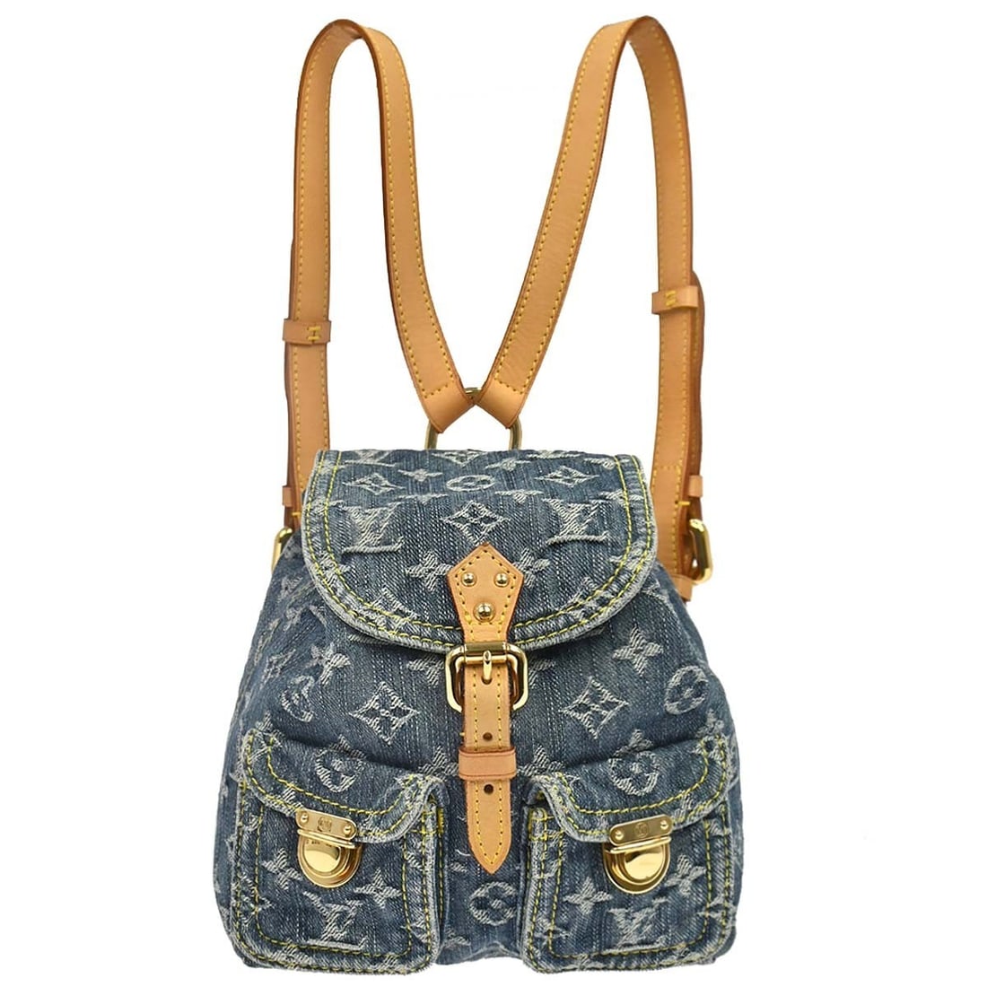 Louis Vuitton Sac a Dos PM Blue Monogram Denim Backpack M95057: Louis Vuitton Sac a Dos PM Blue Monogram Denim Backpack M95057 Louis Vuitton Sac a Dos PM backpack in blue monogram denim with leather accents, designed for women and sized medium. It features a buckl