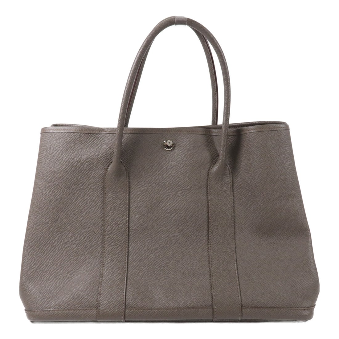 Hermes Garden Party PM Epsom Calfskin Tote Etain Brown: Hermes Garden Party PM Epsom Calfskin Tote Etain Brown Hermes Garden Party PM handbag in Etain x Brown x Etain, made from Epsom and calfskin (cowhide). It features a hook button closure, one inside zi