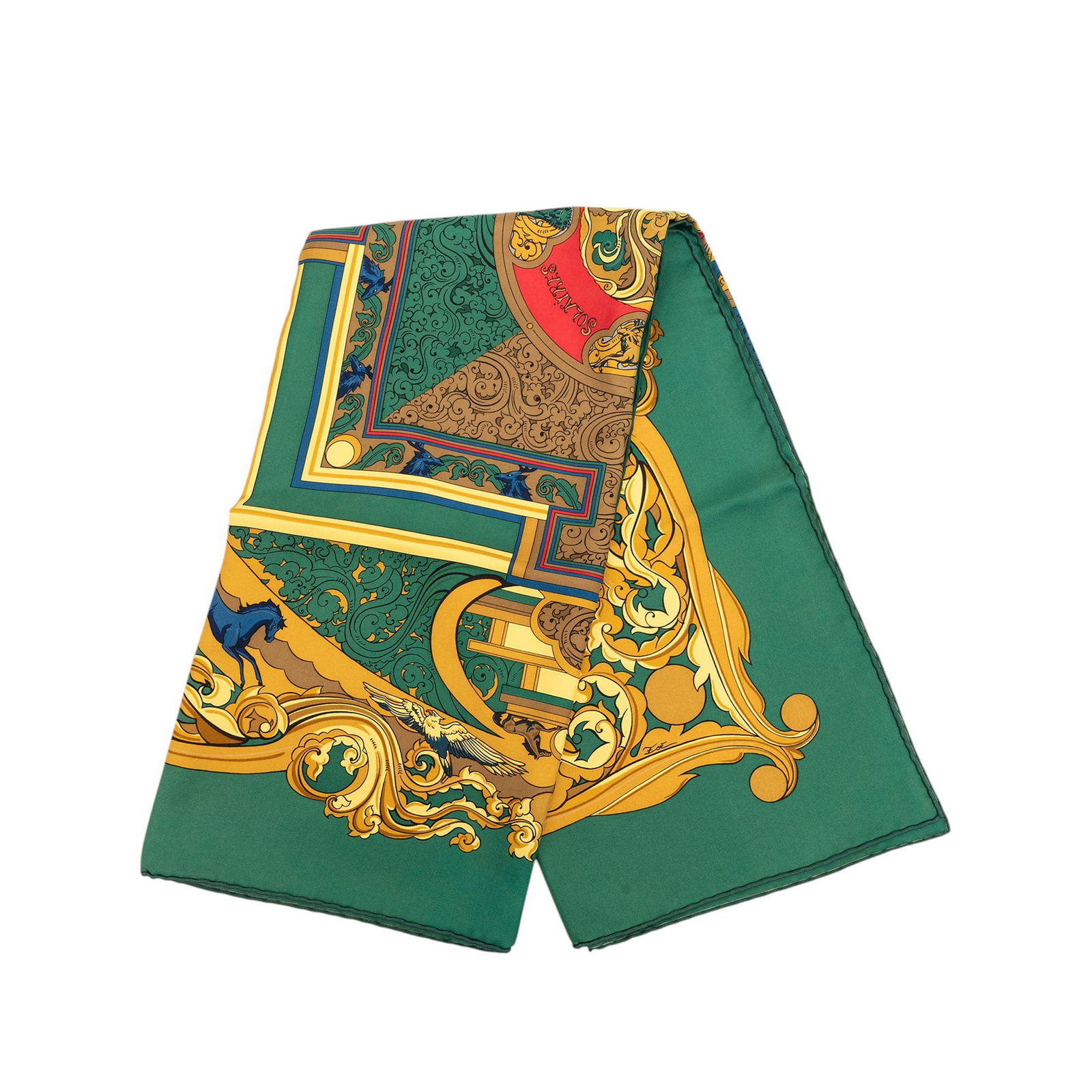 Hermes Animaux Solaires 90 Silk Scarf Green: Hermes Animaux Solaires 90 Silk Scarf Green Silk scarf featuring the Animaux Solaires print in green. Made from 100% silk and originating from France, this accessory is presented in size 90 and measur