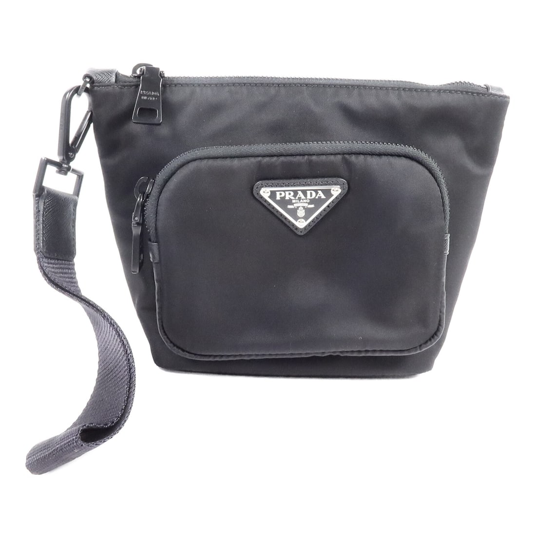 Prada nylon small clutch bag in black with silver tone hardware: Prada nylon small clutch bag in black with silver tone hardware Black PRADA SHW Small Item Clutch Bag made of nylon. It features a compact design with a zip pocket and fastener, and is described as Ve