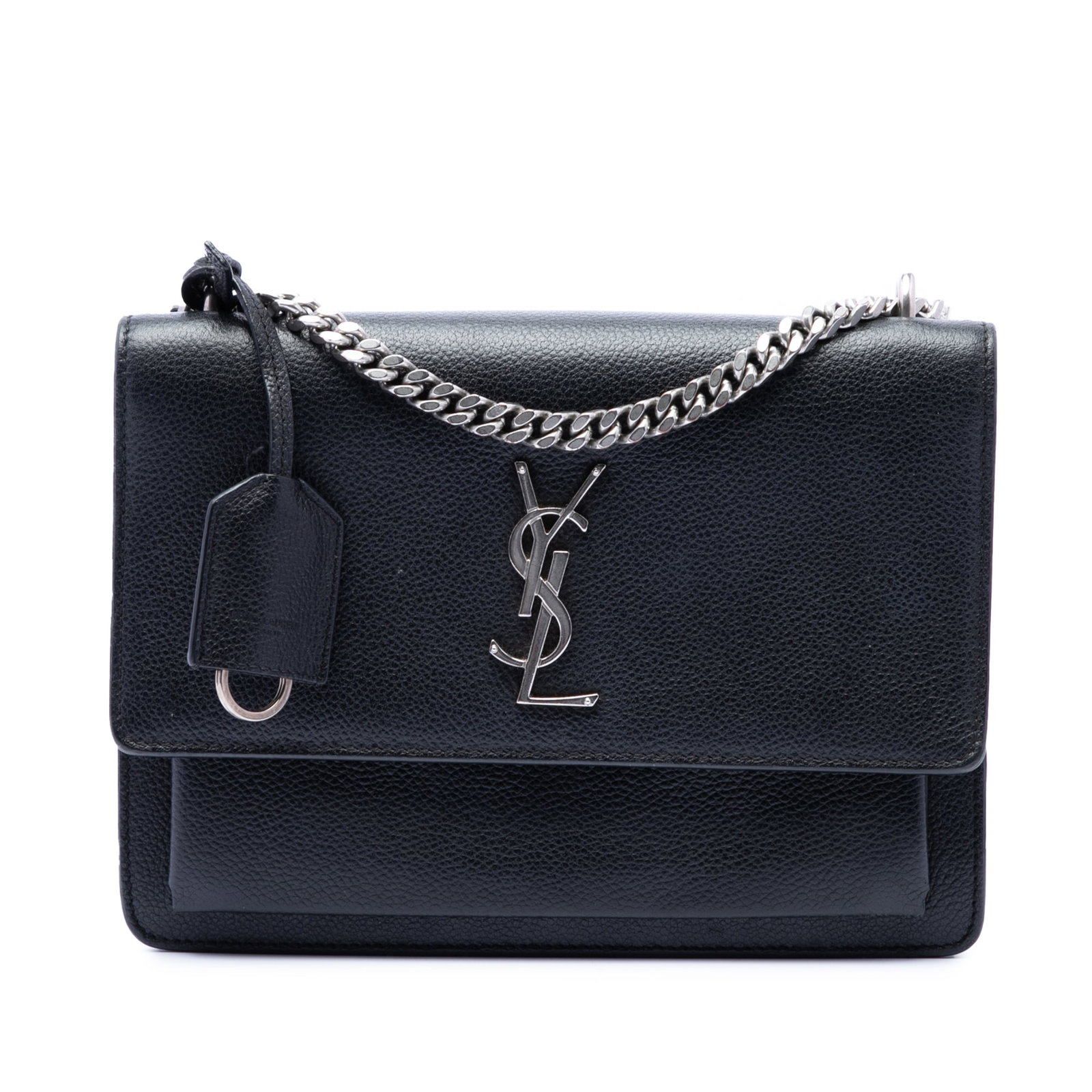 Saint Laurent Sunset Monogram Medium Black Leather Crossbody Bag: Saint Laurent Sunset Monogram Medium Black Leather Crossbody Bag Saint Laurent Medium Grained Calfskin Monogram Sunset Crossbody in black leather, made in Italy. This bag features a leather body, a ch