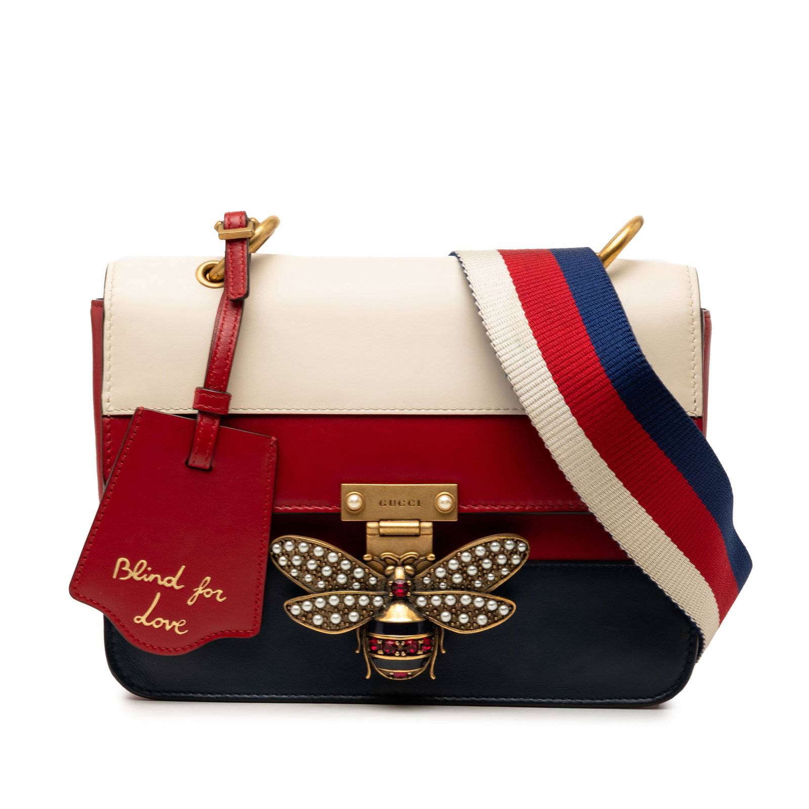 Gucci Queen Margaret red leather flap shoulder bag: Gucci Queen Margaret red leather flap shoulder bag This Gucci Medium Calfskin Queen Margaret Flap Shoulder Bag features a red leather body, a detachable flat canvas strap, a front flap with a push-loc
