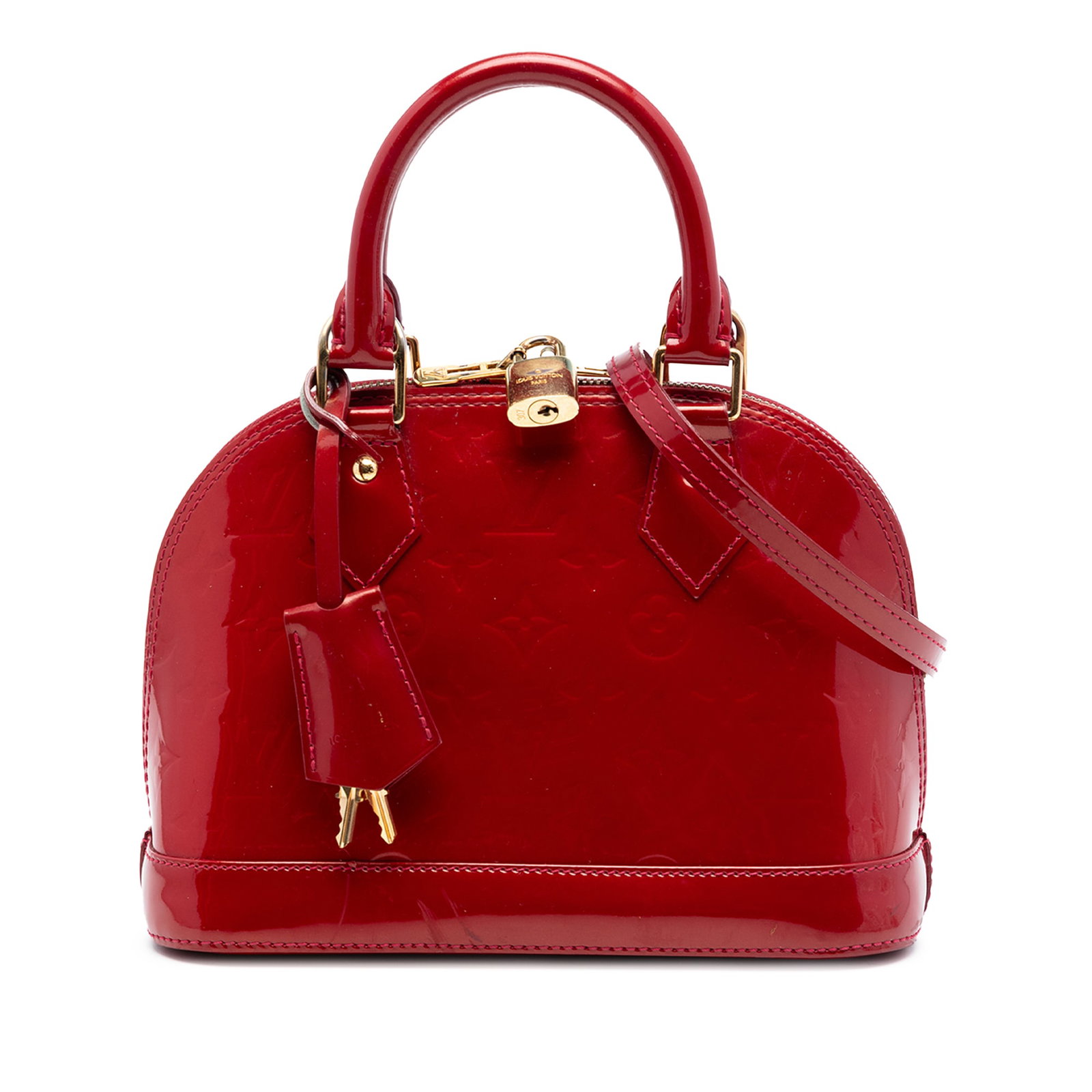 Louis Vuitton Alma BB Monogram Vernis Red Leather Handbag: Louis Vuitton Alma BB Monogram Vernis Red Leather Handbag Louis Vuitton Monogram Vernis Alma BB handbag in red vernis leather. This structured bag features rolled leather handles, a detachable flat le