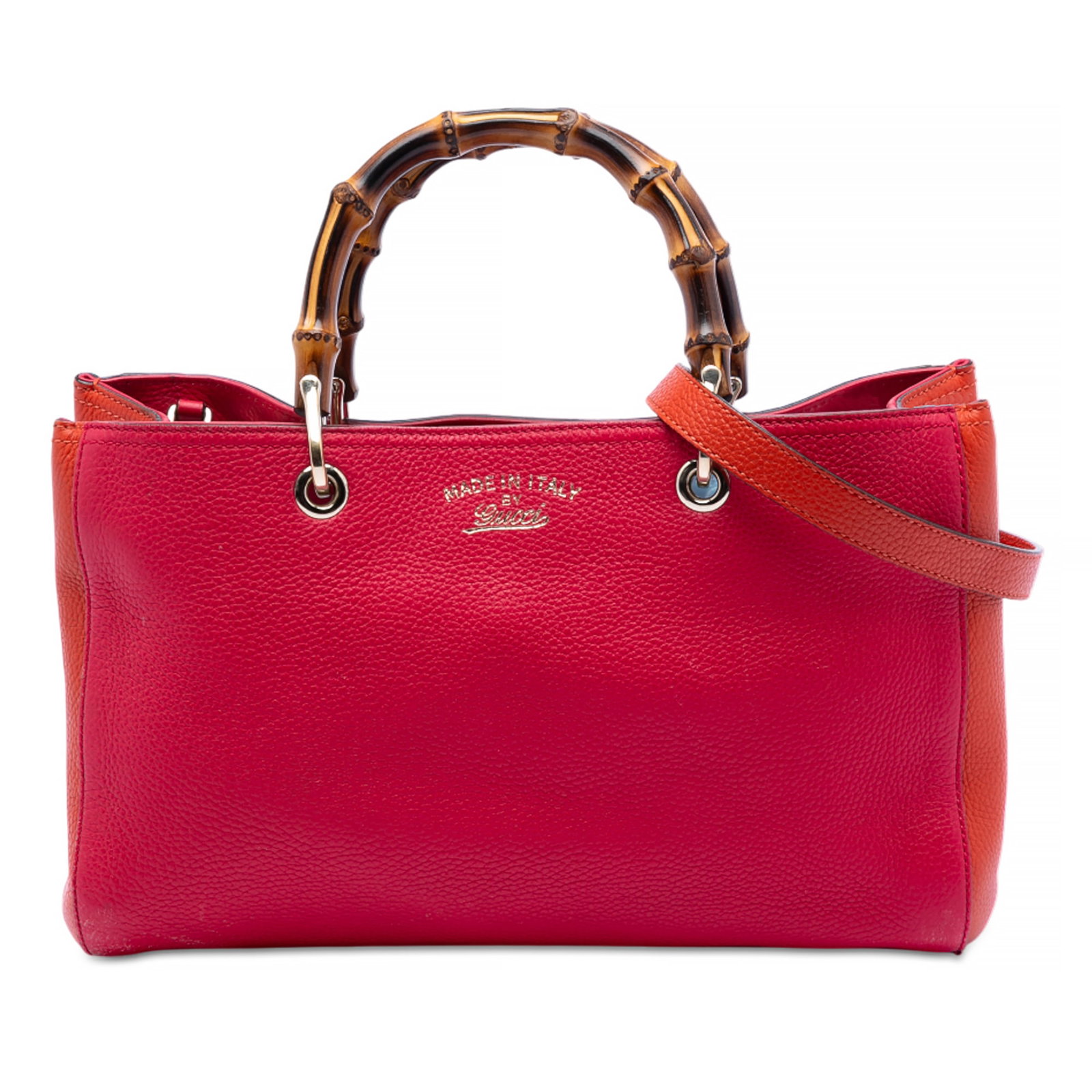 Gucci Bamboo Handle Red Leather Medium Shopper Satchel with Detachable Strap: Gucci Bamboo Handle Red Leather Medium Shopper Satchel with Detachable Strap This Gucci Medium Calfskin Bamboo Shopper Satchel features a leather body in red, distinctive bamboo top handles, and a det