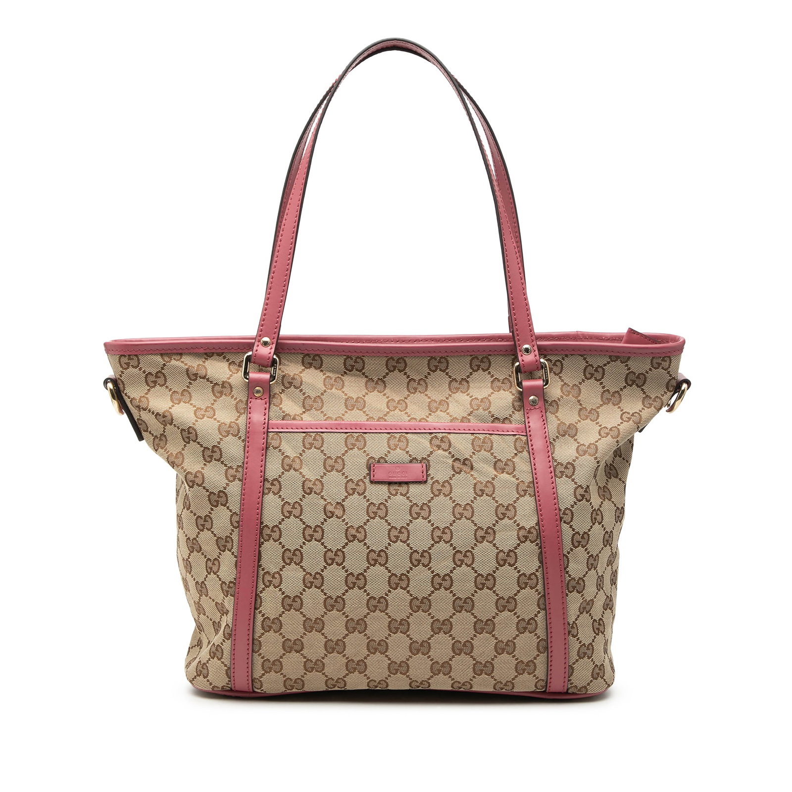 Gucci Joy Convertible Tote in Beige GG Canvas: Gucci Joy Convertible Tote in Beige GG Canvas This Gucci GG Canvas Convertible Joy Tote features a beige canvas body with leather trim, flat leather straps, and a detachable flat leather strap for ver
