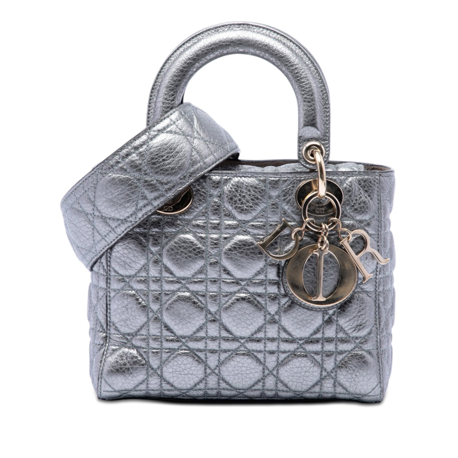 Dior Supple Lady Dior Small Silver Cannage Calfskin Handbag: Dior Supple Lady Dior Small Silver Cannage Calfskin Handbag Small metallic grained calfskin Cannage Supple Lady Dior bag in silver leather, made in Italy. It features flat leather handles, a detachabl