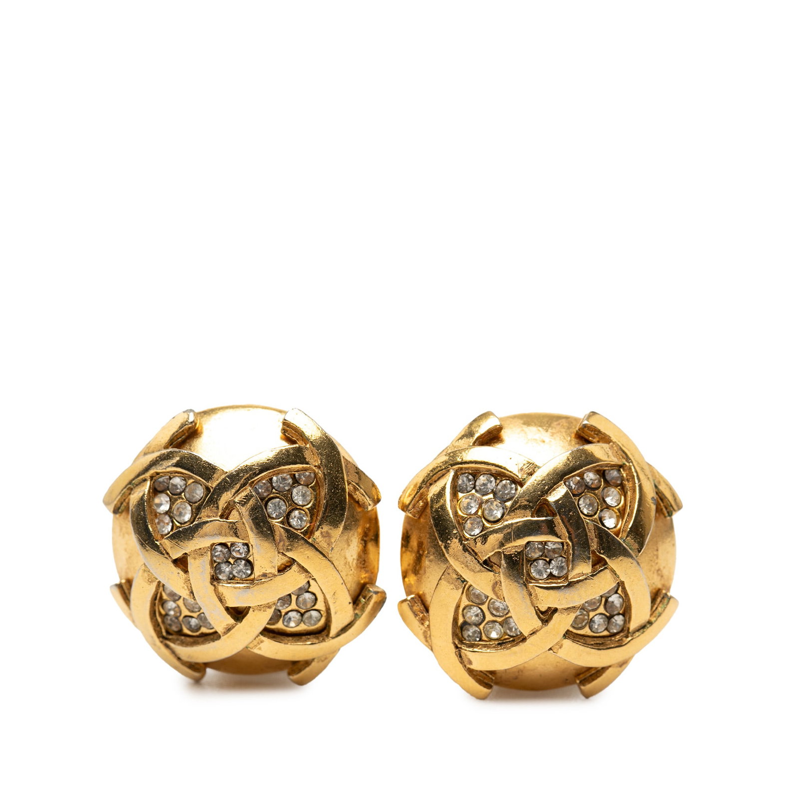 Chanel CC round strass clip on earrings gold plated: Chanel CC round strass clip on earrings gold plated These Chanel earrings feature a gold-plated round design adorned with strass embellishments and secure back clip-on closures. Crafted in France, the