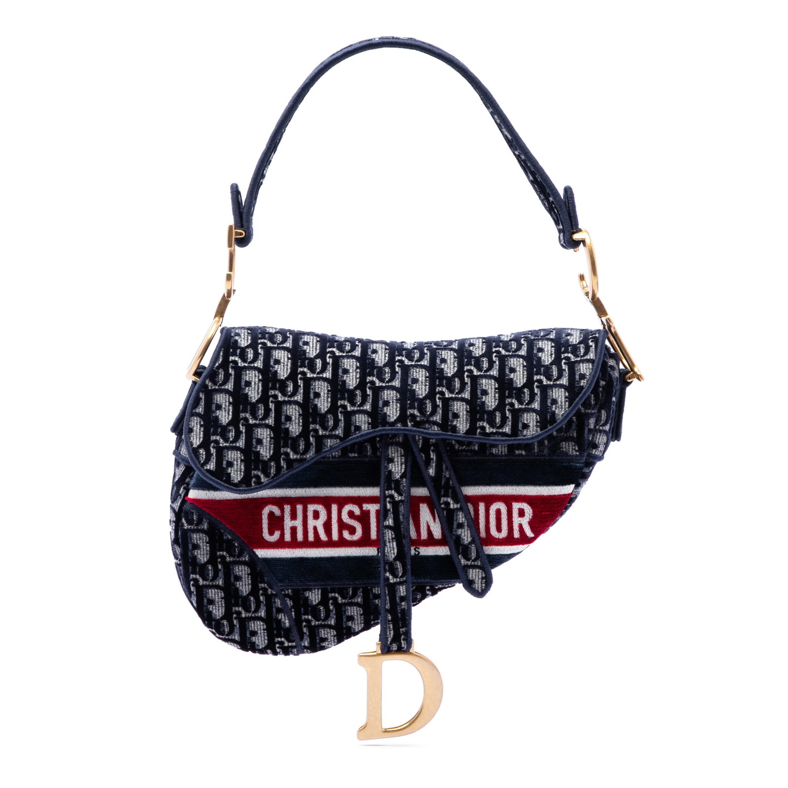 Dior Saddle Bag in Blue Oblique Embroidered Velvet: Dior Saddle Bag in Blue Oblique Embroidered Velvet Dior Oblique Embroidered Velvet Saddle Bag crafted with an embroidered velvet body and flap closure. This bag features a flat handle, an exterior bac