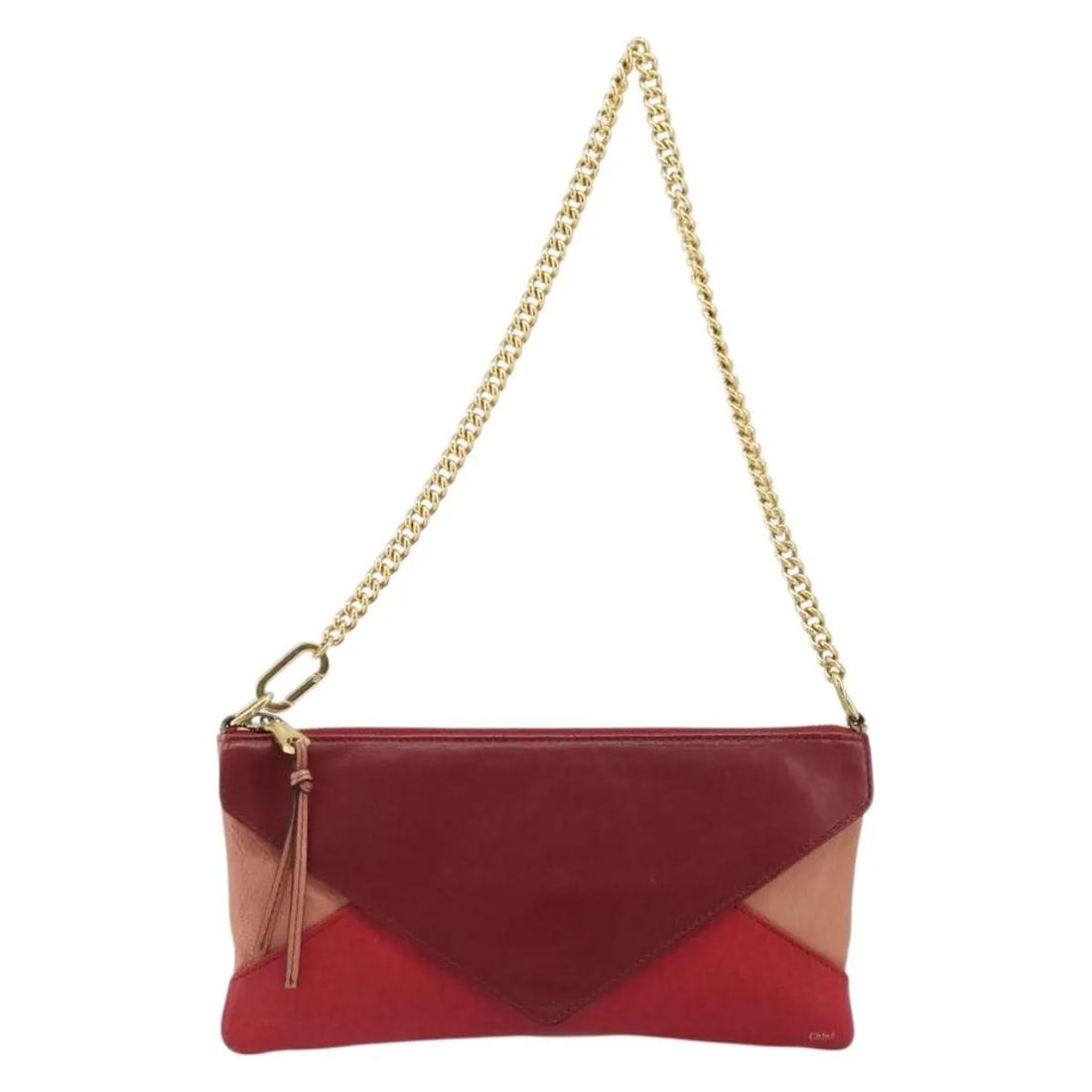 Red Leather Envelope Chain Wallet by Chloe: Red Leather Envelope Chain Wallet by Chloe This Chloe Envelope Wallet on Chain is crafted from red leather and designed for women. The wallet features a sleek envelope shape and offers a convenient ch