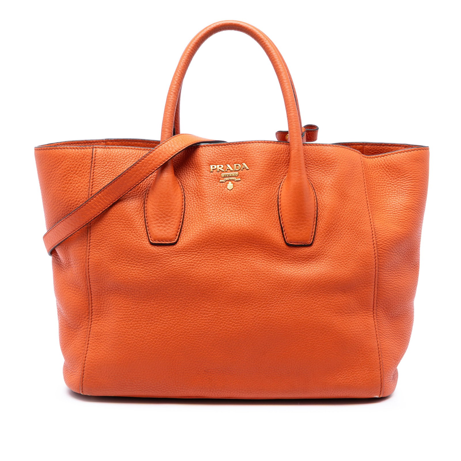 Prada Vitello Daino leather satchel with shoulder strap orange: Prada Vitello Daino leather satchel with shoulder strap orange This Prada Vitello Daino Open Convertible Tote is a leather satchel in orange, featuring rolled leather handles, a detachable flat leathe
