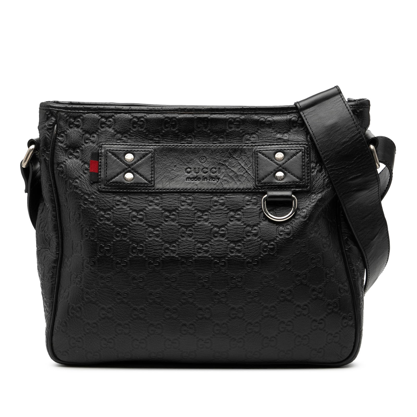 Gucci Guccissima Web Black Leather Adjustable Strap Crossbody Bag: Gucci Guccissima Web Black Leather Adjustable Strap Crossbody Bag This black Guccissima Web Crossbody bag features an embossed leather body with an adjustable flat strap for comfortable wear. It is eq