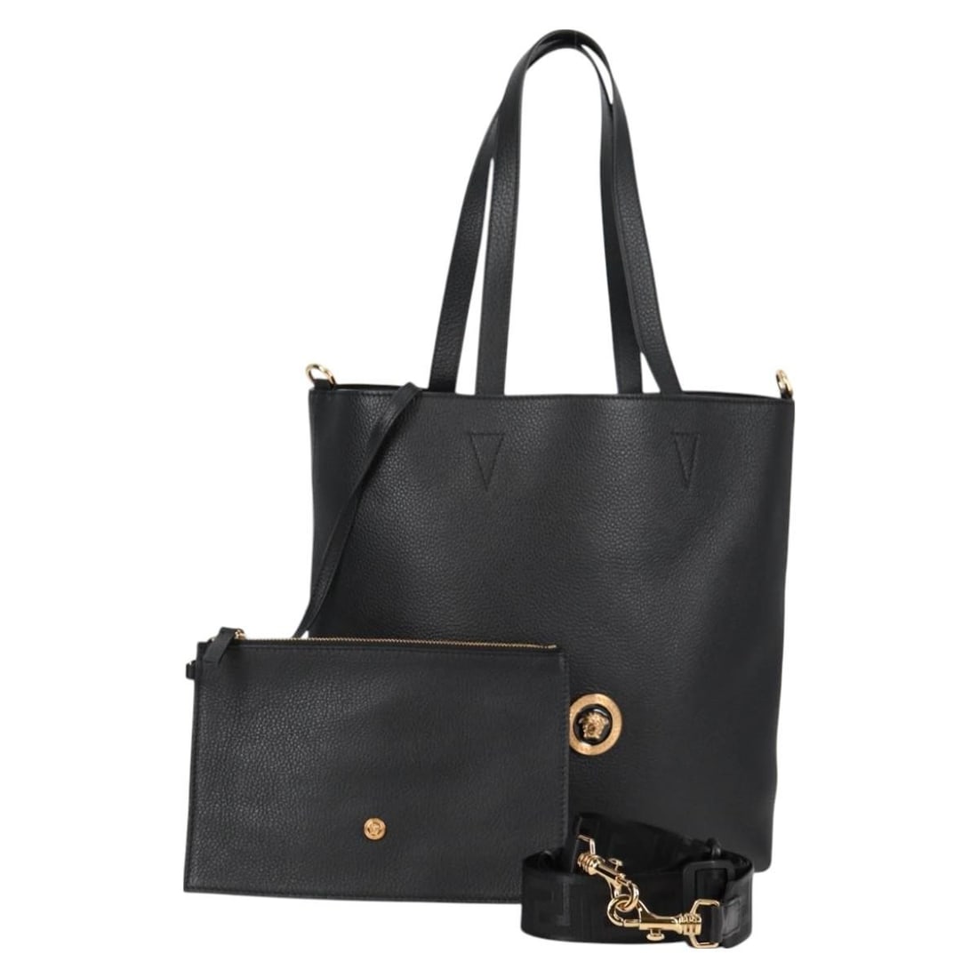 Versace Black Leather 2way Tote Bag with Strap and Pouch: Versace Black Leather 2way Tote Bag with Strap and Pouch Versace 2way tote bag in black and gold leather, made in Italy. It comes with a dust bag, shoulder strap, and pouch. The bag is described as be