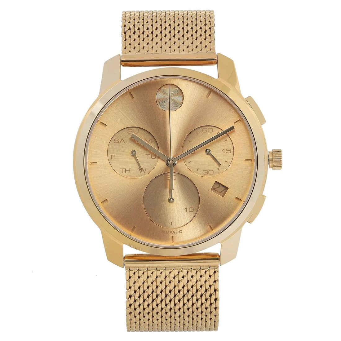 Movado Bold 42mm Gold Tone Stainless Steel Quartz Watch 3600634: Movado Bold 42mm Gold Tone Stainless Steel Quartz Watch 3600634 Experience the elegance of the Movado Bold wristwatch, featuring a stunning 42mm round case crafted from polished stainless steel with a