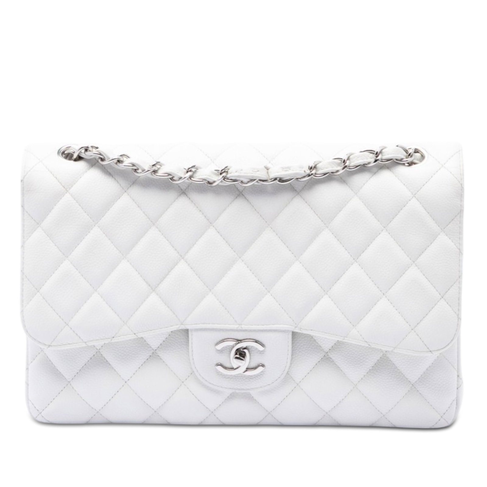 Chanel white caviar leather Jumbo Classic flap shoulder bag: Chanel white caviar leather Jumbo Classic flap shoulder bag This Chanel Jumbo Classic Caviar Double Flap shoulder bag features a quilted caviar leather exterior in white, complemented by leather-woven