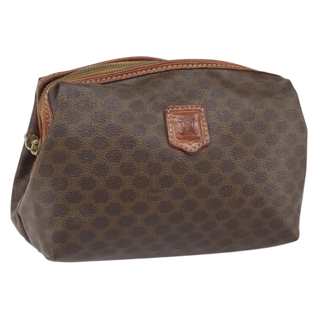 Celine Macadam Pochette Brown Canvas Leather Clutch Bag: Celine Macadam Pochette Brown Canvas Leather Clutch Bag This Celine Macadam Pochette is crafted from brown canvas with leather trim and designed for women. The bag features a compact silhouette and is