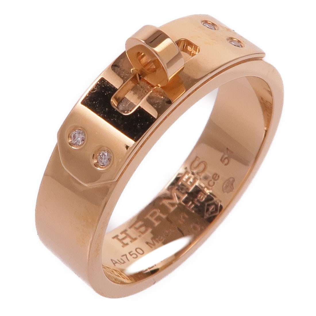 Hermes Kelly diamond ring in 18K rose gold size 51 US 5.75: Hermes Kelly diamond ring in 18K rose gold size 51 US 5.75 Hermes Kelly Ring in 18K pink gold with diamond accents. The ring is size US 5.75 and engraved 51. It is described as being in pristine A+ co