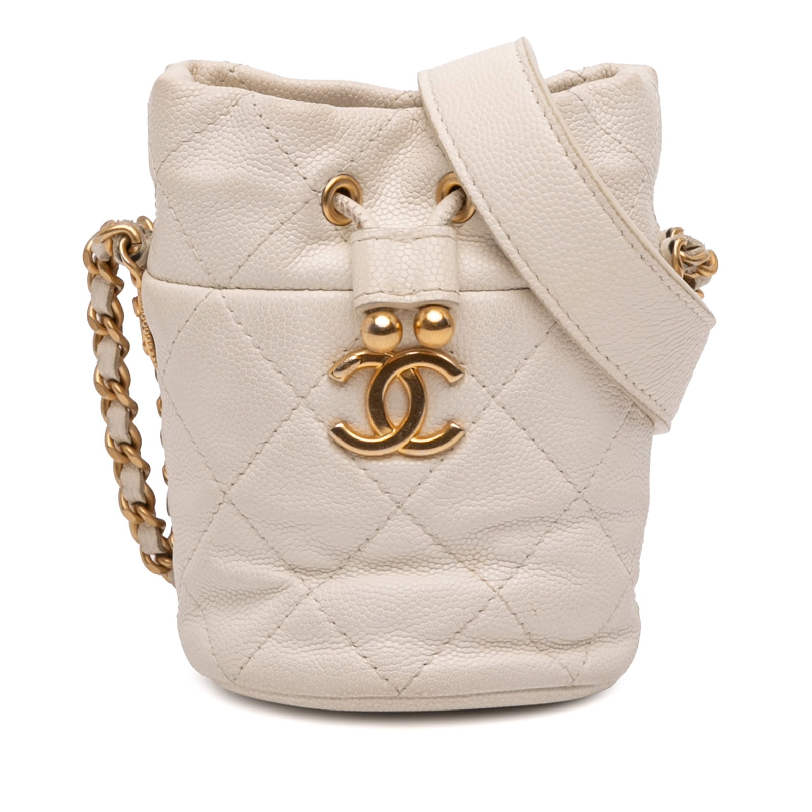 Chanel Mini Caviar Leather Bucket Bag with Quilted Design and Drawstring: Chanel Mini Caviar Leather Bucket Bag with Quilted Design and Drawstring This Chanel Mini Quilted Caviar Twist Your Buttons Drawstring Bucket Bag features a quilted caviar leather exterior in white, a