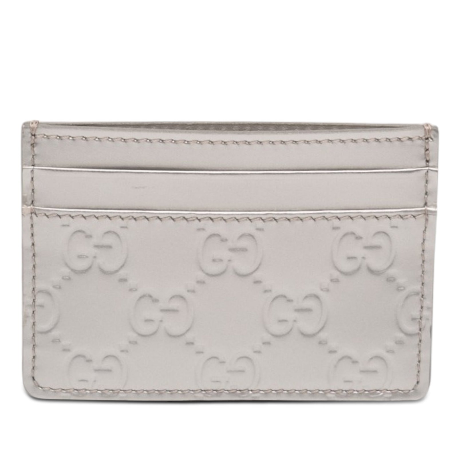 Gucci Patent Guccissima Leather Card Holder Silver: Gucci Patent Guccissima Leather Card Holder Silver Gucci Patent Guccissima card holder crafted in patent leather with an open pocket and multiple card slots. Made in Italy, this compact small leather 