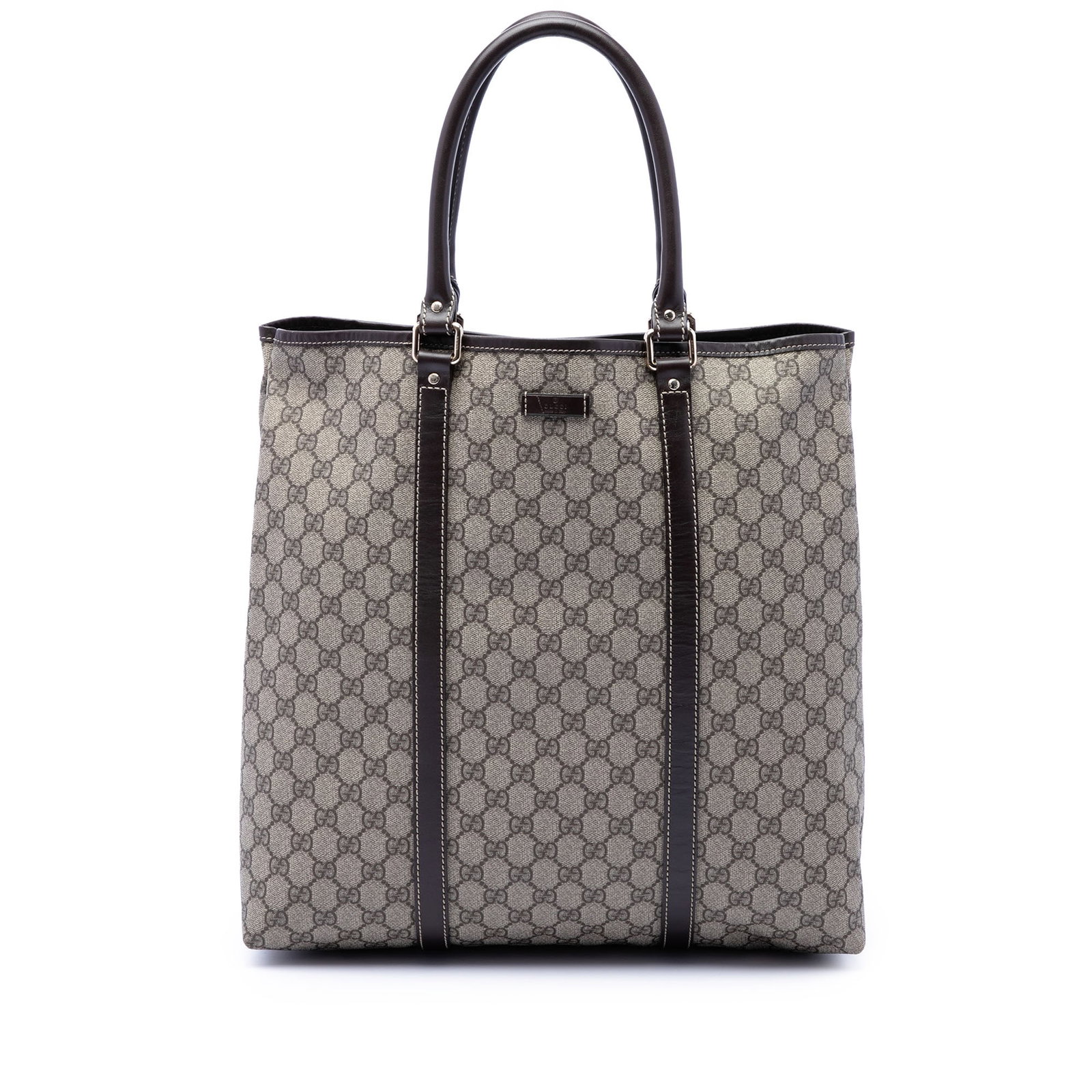 Gucci Joy Vertical Tote in GG Supreme coated canvas: Gucci Joy Vertical Tote in GG Supreme coated canvas Gucci GG Supreme Joy Vertical Tote made in Italy. This beige tote bag features a coated canvas body with leather trim, rolled leather handles, an op