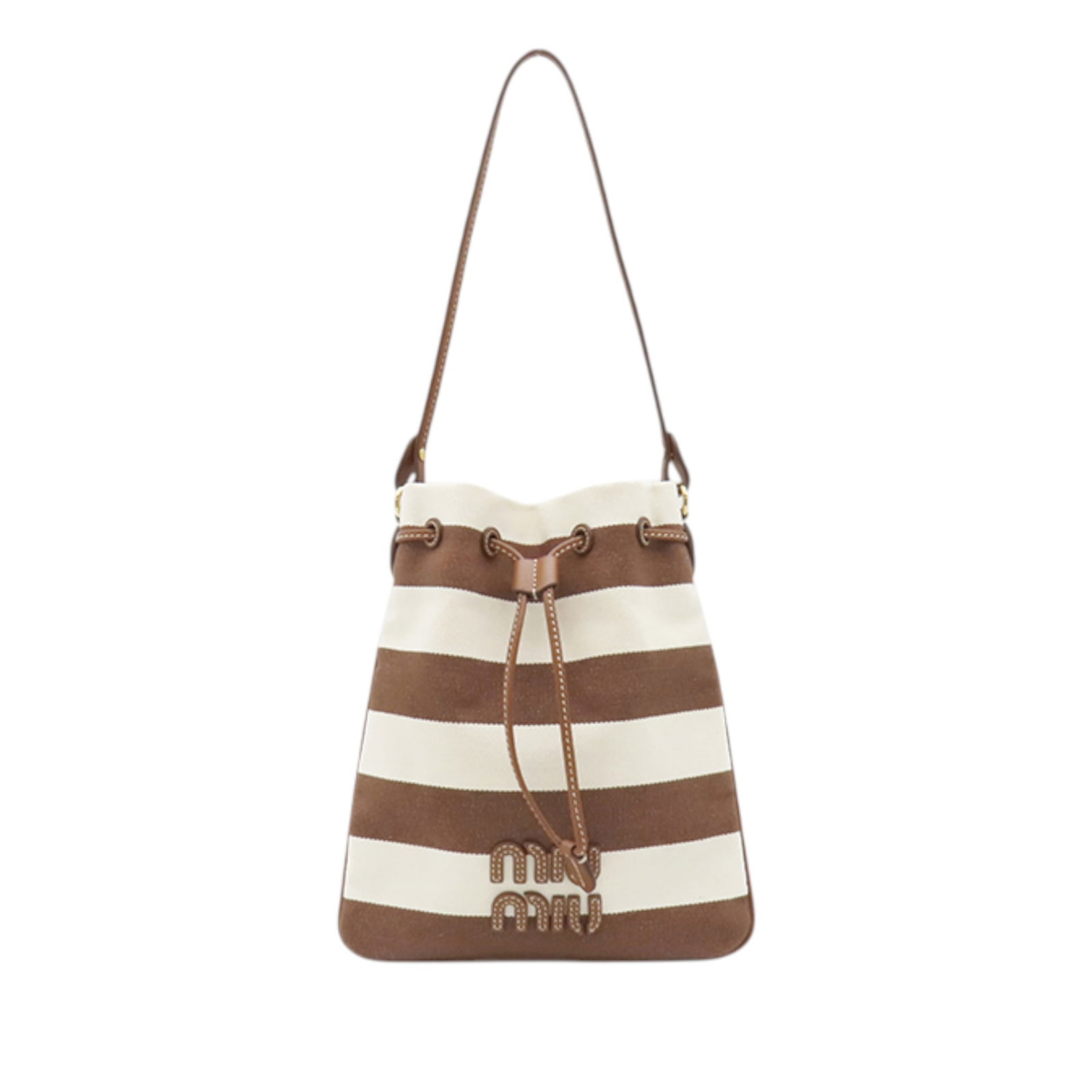 Miu Miu Logo Drawstring Canvas Shoulder Bag Striped Brown: Miu Miu Logo Drawstring Canvas Shoulder Bag Striped Brown Miu Miu striped drawstring handbag crafted in canvas with a logo design. This handbag features a flat strap and an open top with drawstring cl