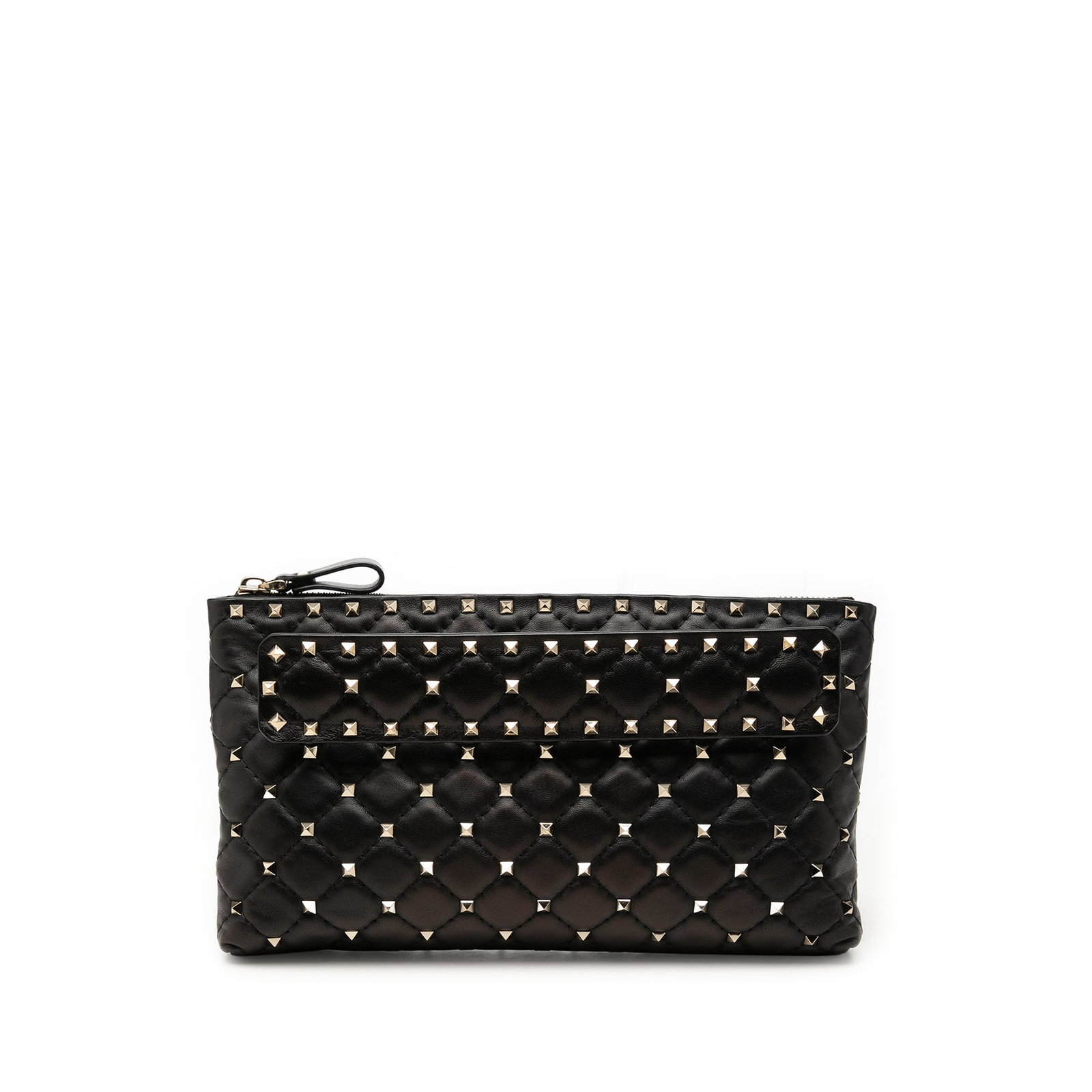 Valentino Rockstud Spike Nappa Leather Clutch Bag Black: Valentino Rockstud Spike Nappa Leather Clutch Bag Black Valentino Nappa Rockstud Spike Clutch in black leather, made in Italy. This clutch features a studded nappa leather body, a top zip closure, and