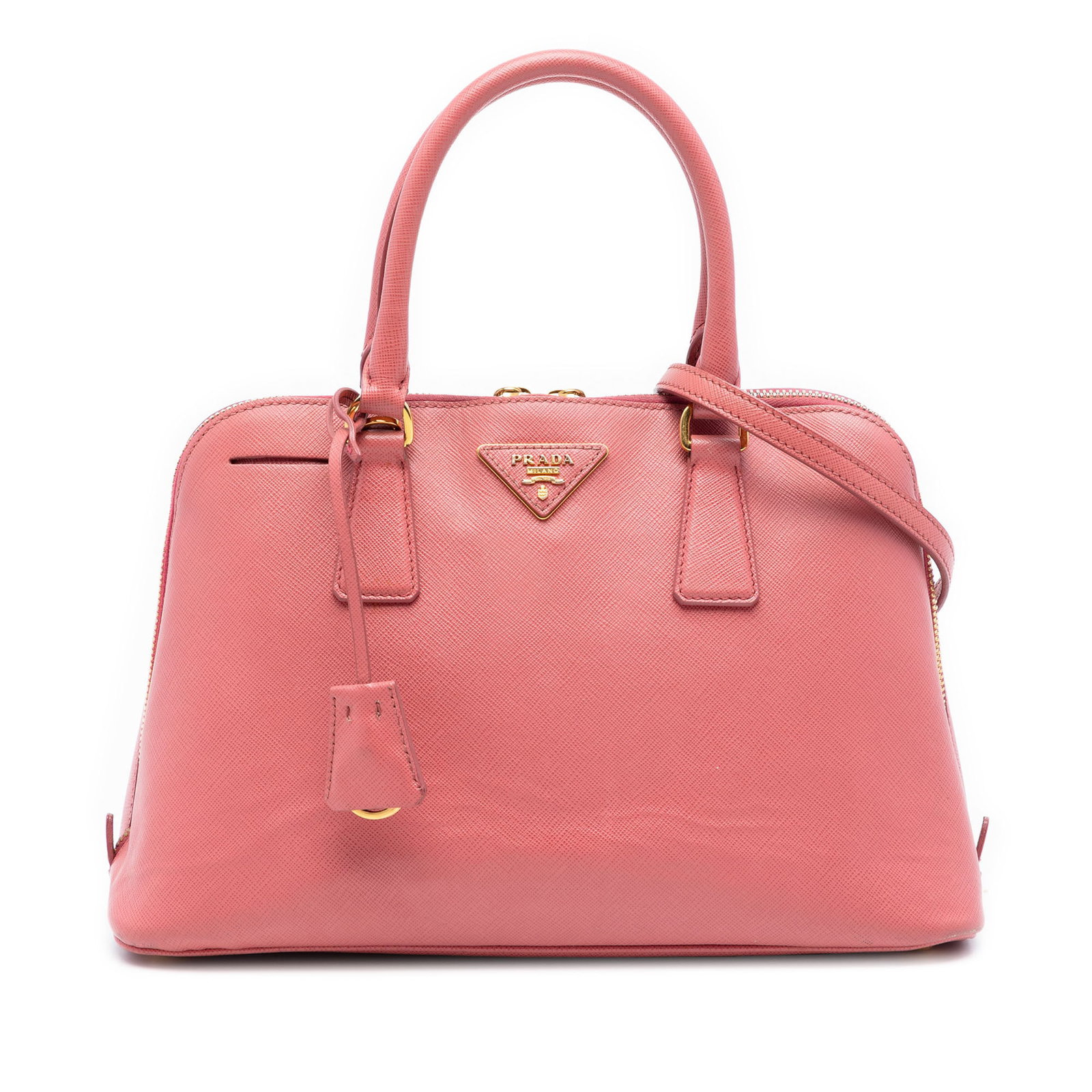 Prada pink saffiano leather Promenade satchel medium: Prada pink saffiano leather Promenade satchel medium This Prada Medium Saffiano Lux Promenade Satchel is crafted from saffiano lux leather in pink and features rolled leather handles, a detachable fla