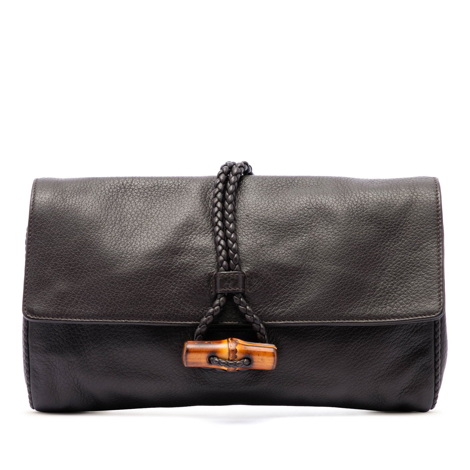Gucci Calfskin Bamboo Hip Clutch Brown Leather Bag: Gucci Calfskin Bamboo Hip Clutch Brown Leather Bag Gucci Calfskin Bamboo Hip Clutch in brown leather, made in Italy. It features a flap with braided leather accent and bamboo toggle closure, along wit