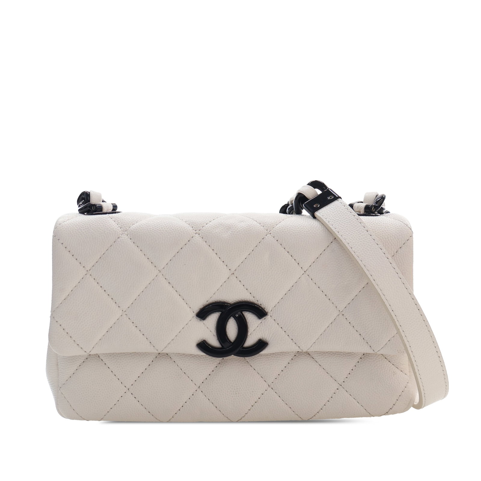 Chanel My Everything Flap Small White Caviar Leather Shoulder Bag: Chanel My Everything Flap Small White Caviar Leather Shoulder Bag A Chanel Small Quilted Caviar My Everything Flap bag in white, crafted in leather with a quilted caviar leather body. It features a le