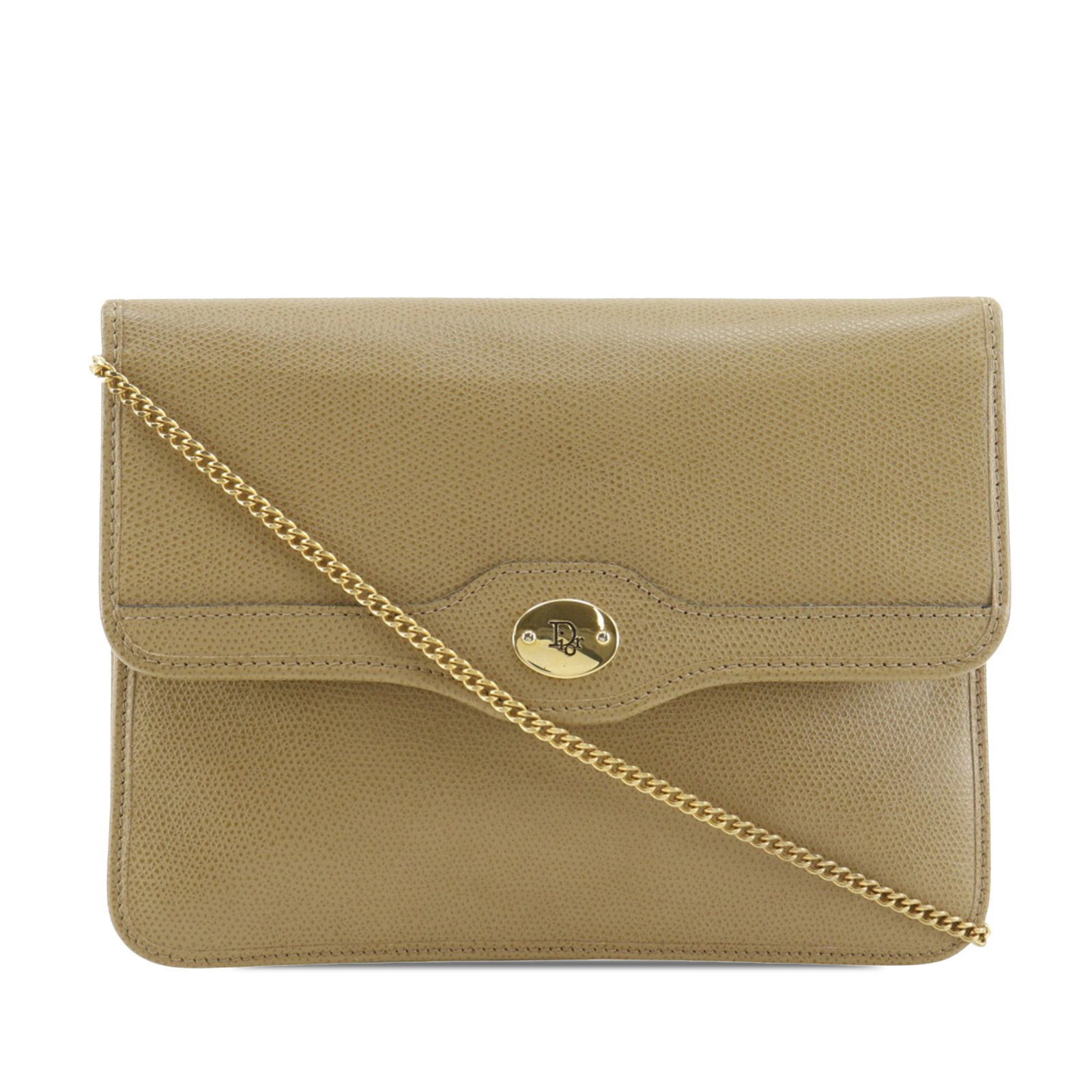 Dior beige leather flap crossbody with gold tone chain strap: Dior beige leather flap crossbody with gold tone chain strap This Dior Leather Chain Crossbody bag features a beige leather body complemented by a gold-tone chain shoulder strap. The design includes a