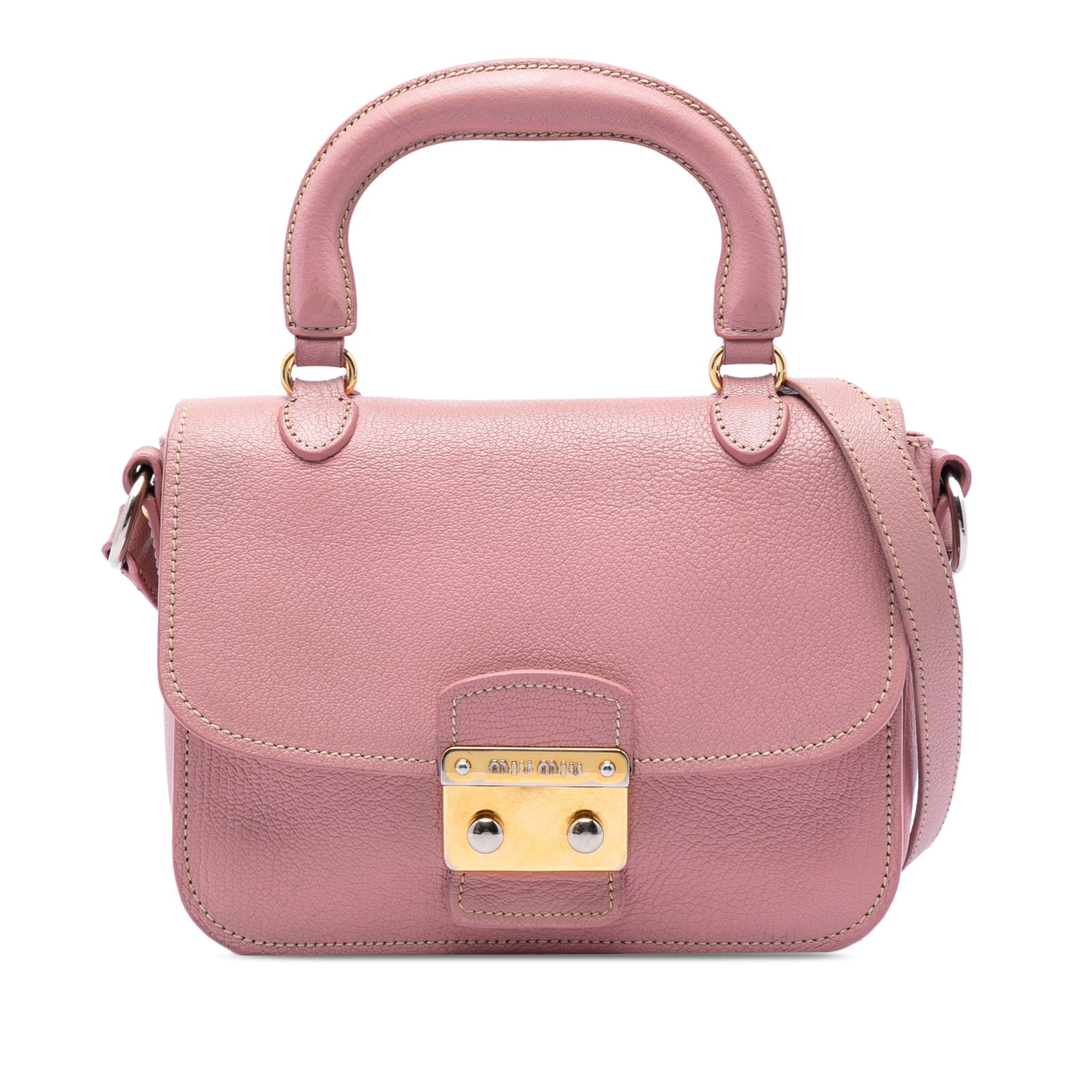 Miu Miu Madras goatskin satchel with top handle and strap: Miu Miu Madras goatskin satchel with top handle and strap Miu Miu Madras top handle bag crafted in goatskin leather with a structured satchel silhouette. It features flat leather top handles, an adjus