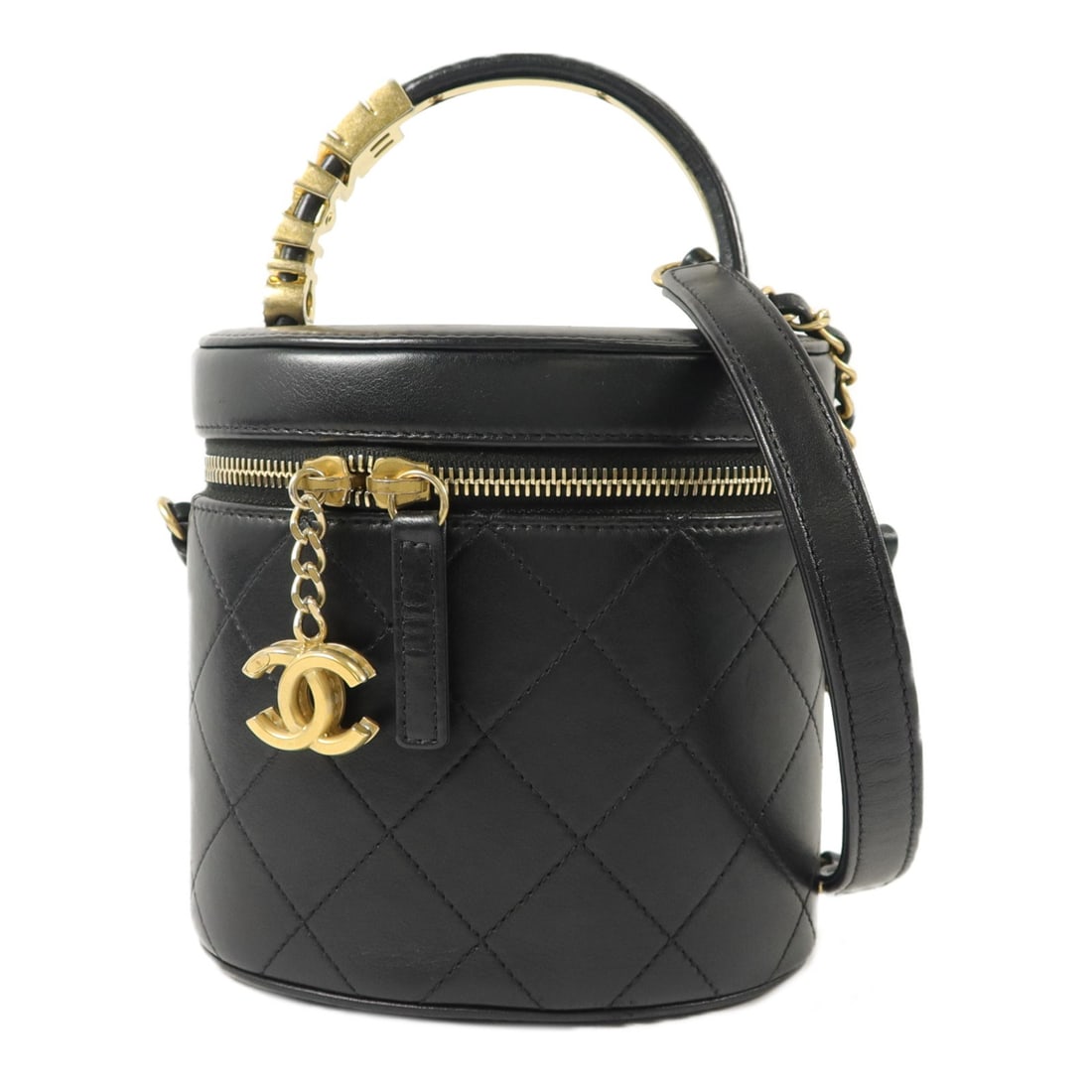CHANEL CC Vanity Case 2 Way Shoulder Bag Black Lambskin GHW: CHANEL CC Vanity Case 2 Way Shoulder Bag Black Lambskin GHW A CHANEL Vanity Case 2-way shoulder bag in black lambskin (sheep leather) with gold-tone hardware. It is described as a regular-size women's